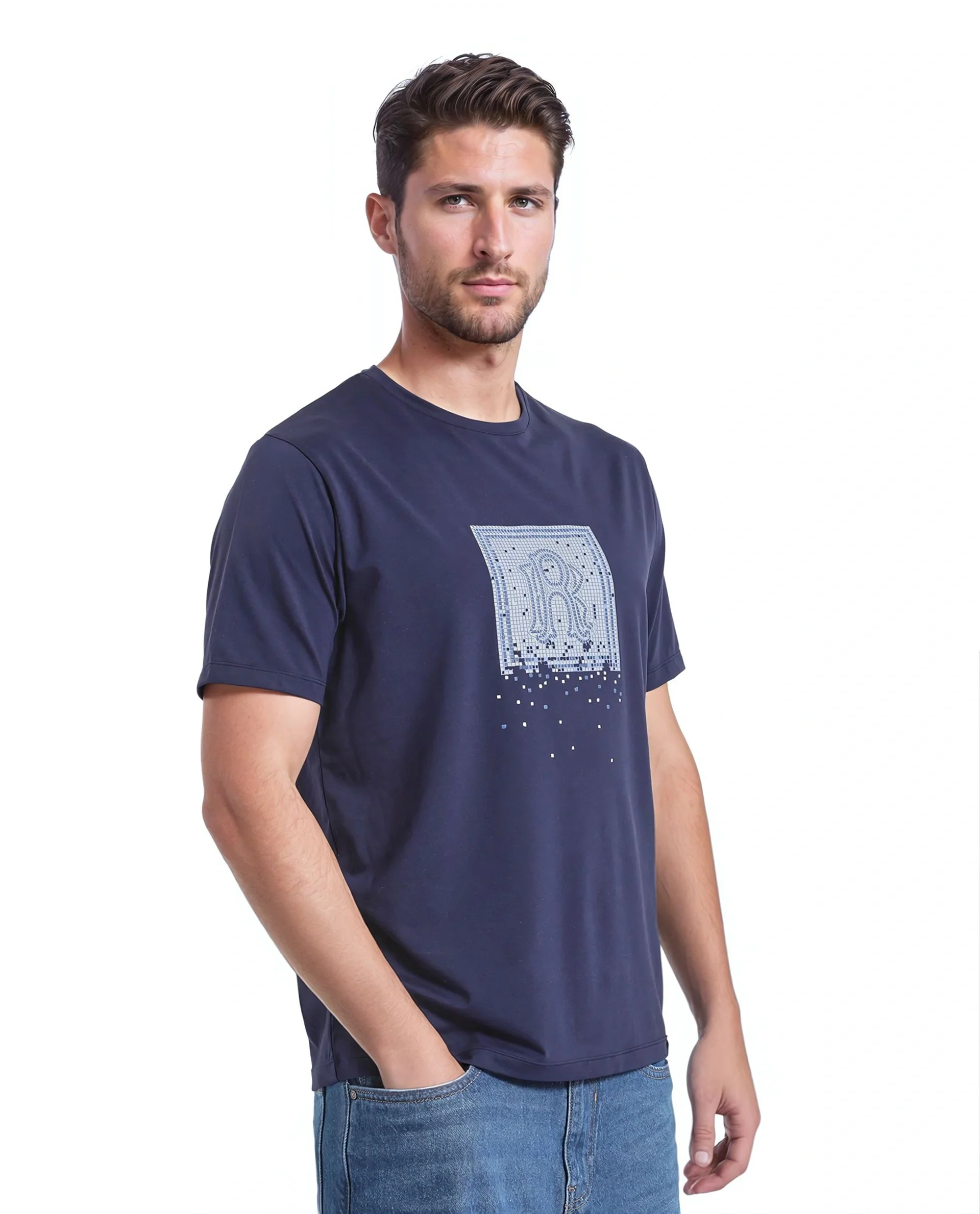 Rare Rabbit Men's Mezoc Navy Cotton Blend Graphic Print Relaxed Fit Half Sleeve Crew Neck T-Shirt - Image 3