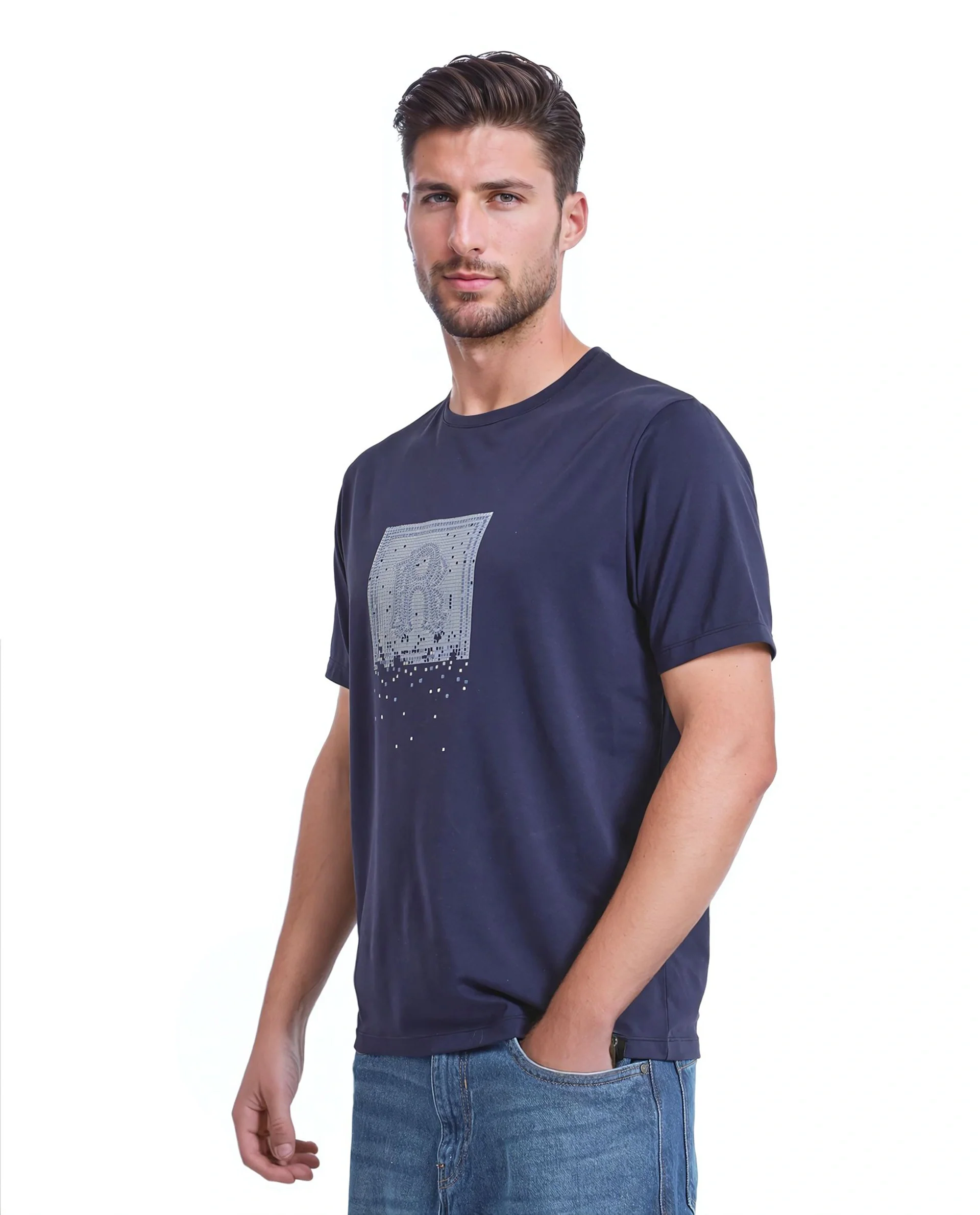 Rare Rabbit Men's Mezoc Navy Cotton Blend Graphic Print Relaxed Fit Half Sleeve Crew Neck T-Shirt - Image 5