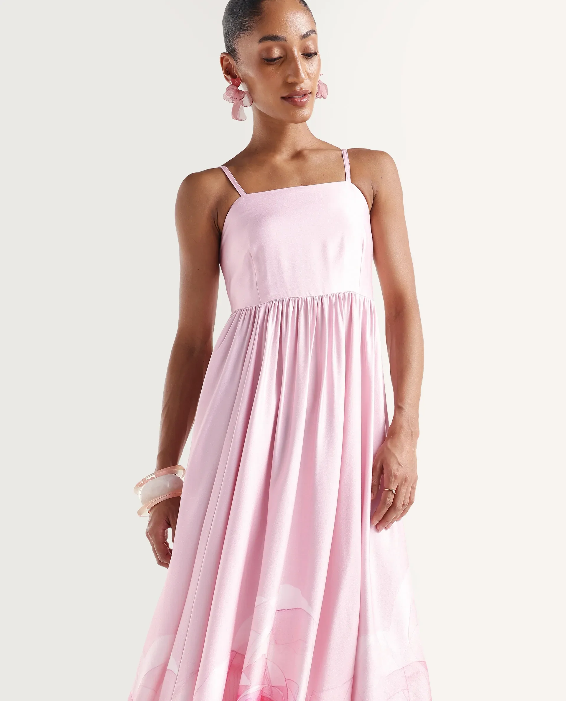 Rareism Women's Mezozo Light Pink Viscose Sleeveless Square Neck Fit And Flare Floral Print Dress - Image 2
