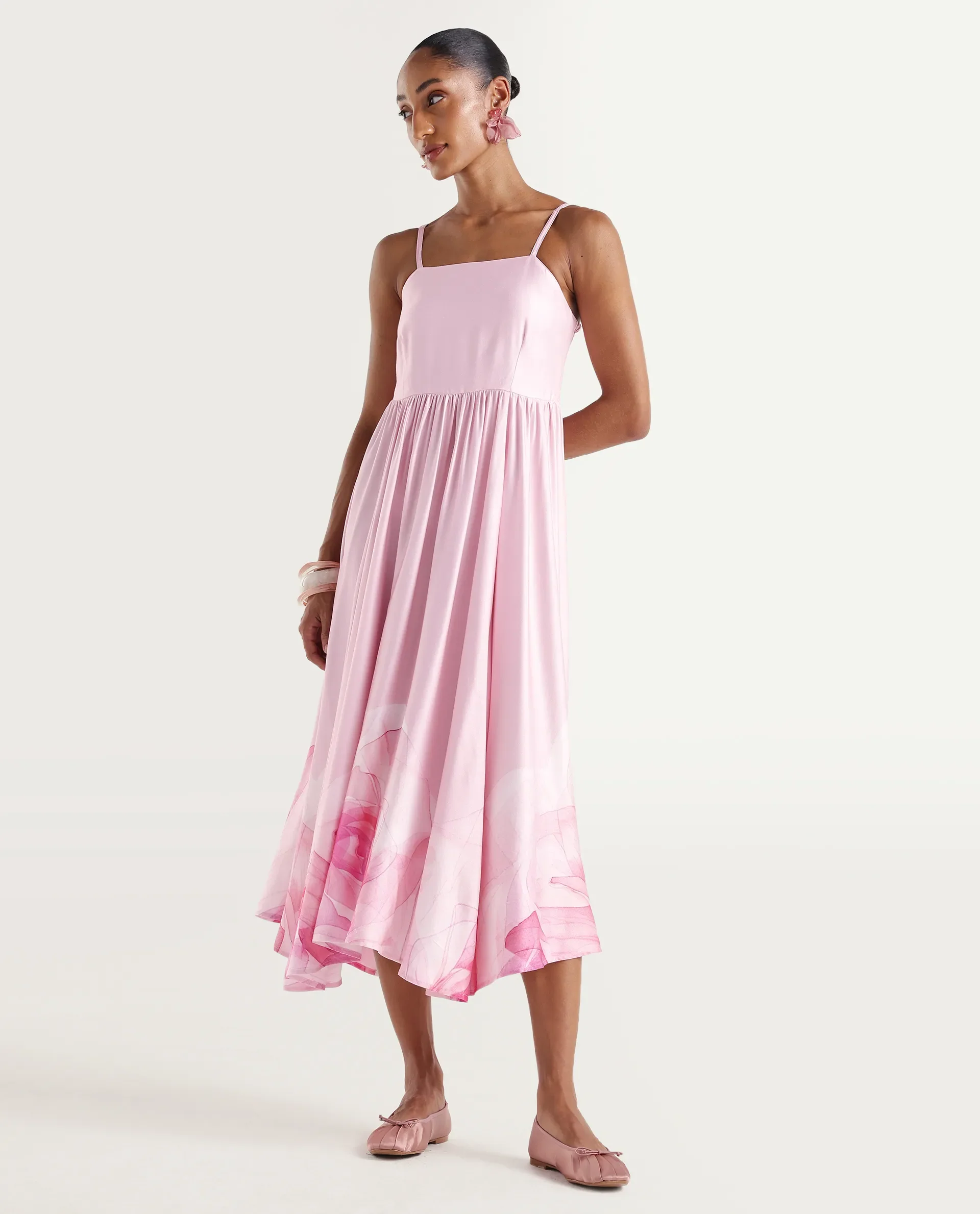 Rareism Women's Mezozo Light Pink Viscose Sleeveless Square Neck Fit And Flare Floral Print Dress - Image 3