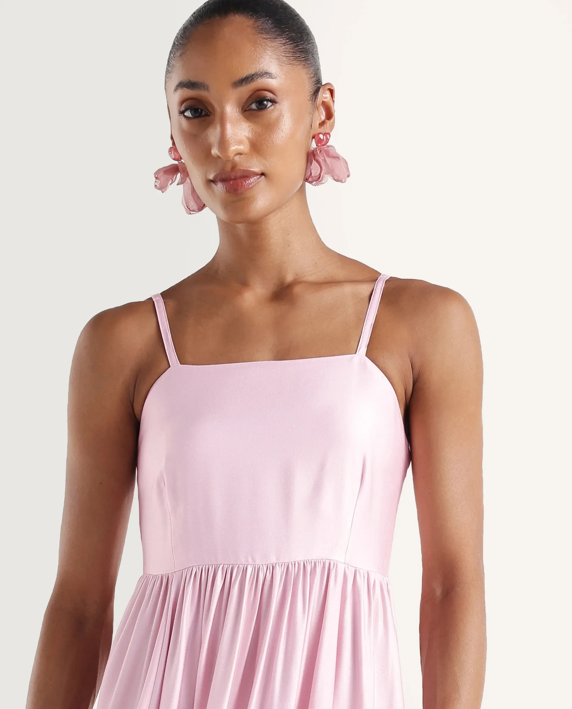 Rareism Women's Mezozo Light Pink Viscose Sleeveless Square Neck Fit And Flare Floral Print Dress - Image 4