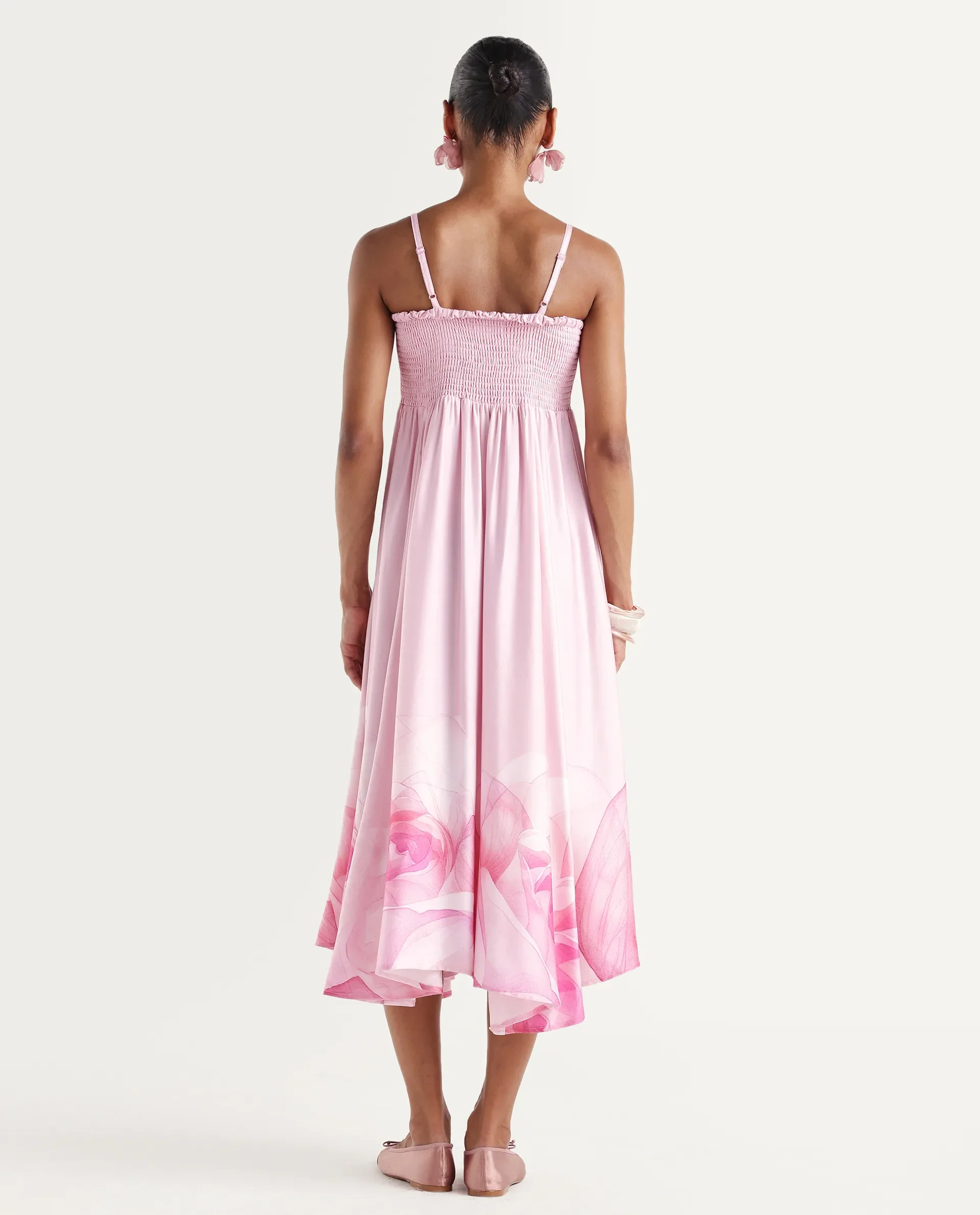 Rareism Women's Mezozo Light Pink Viscose Sleeveless Square Neck Fit And Flare Floral Print Dress - Image 8