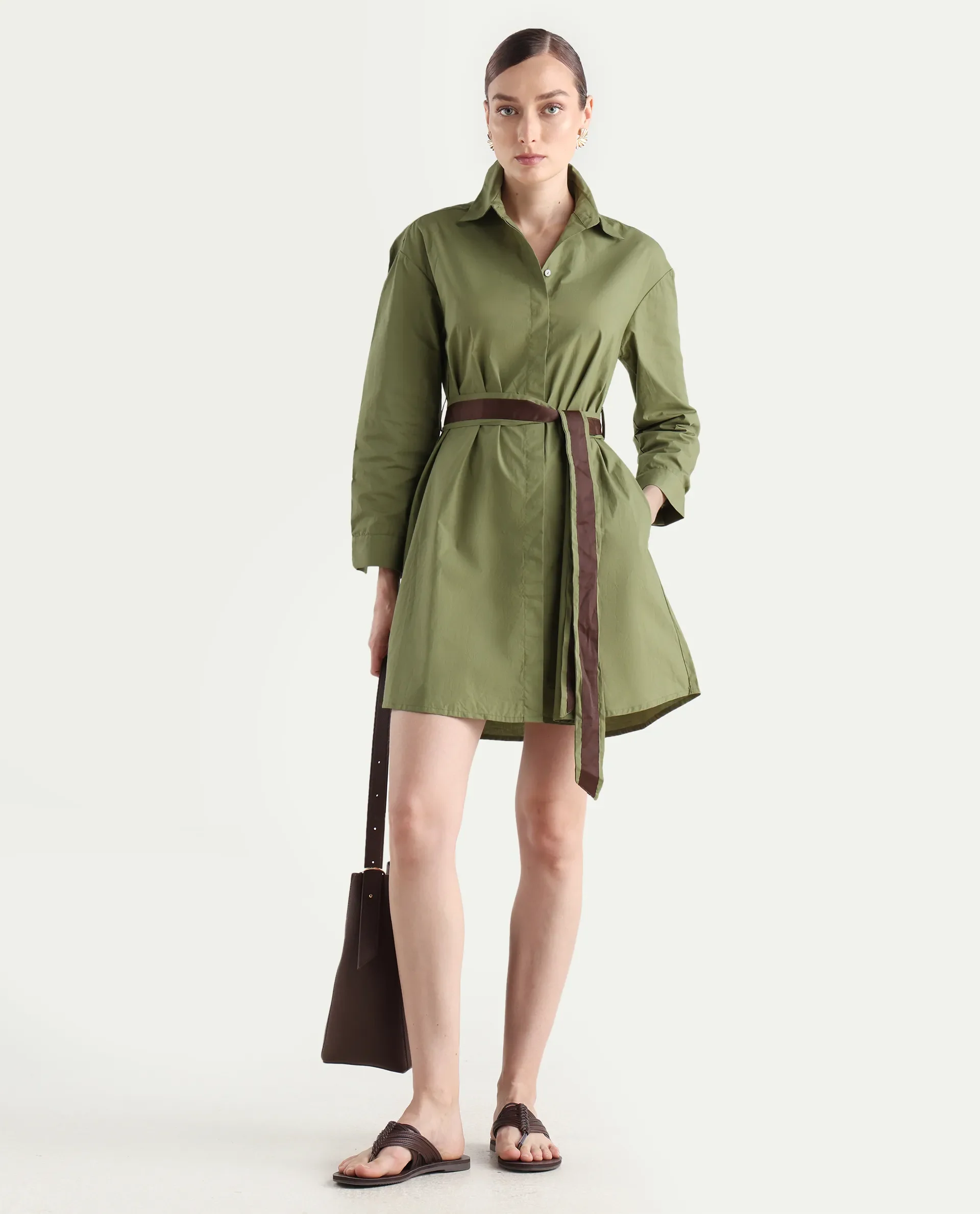 Rareism Women's Meztli Green Drop Collar Plain Cuffed Sleeve Mini A-Line Dress - Image 2
