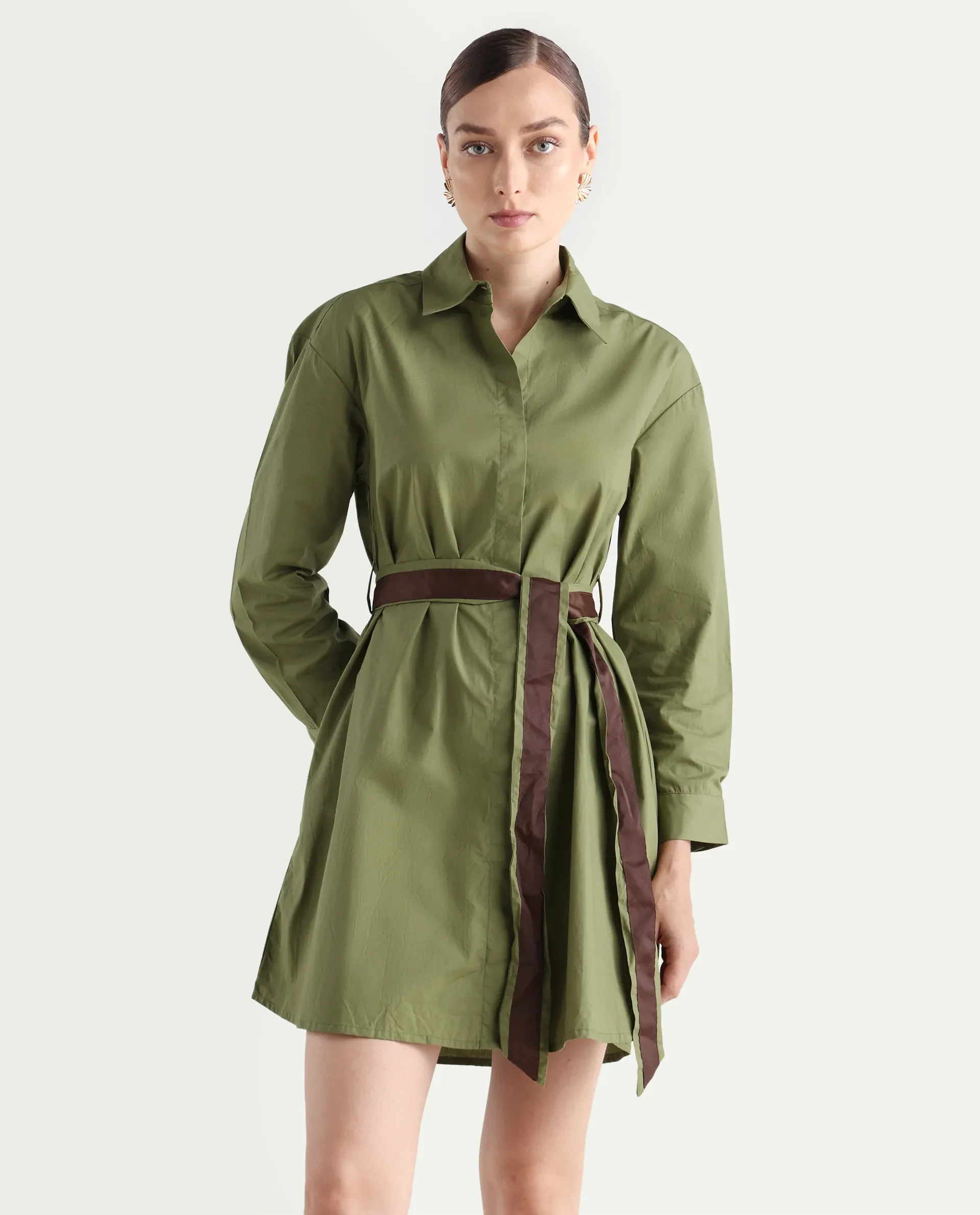 Rareism Women's Meztli Green Drop Collar Plain Cuffed Sleeve Mini A-Line Dress - Image 3