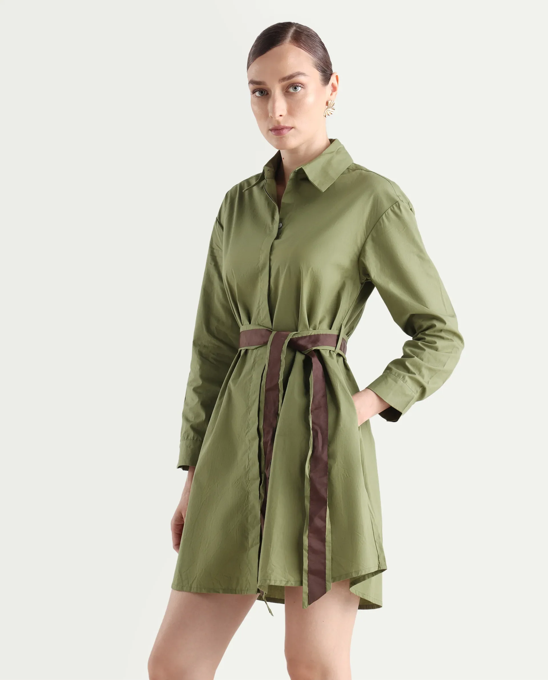 Rareism Women's Meztli Green Drop Collar Plain Cuffed Sleeve Mini A-Line Dress - Image 6