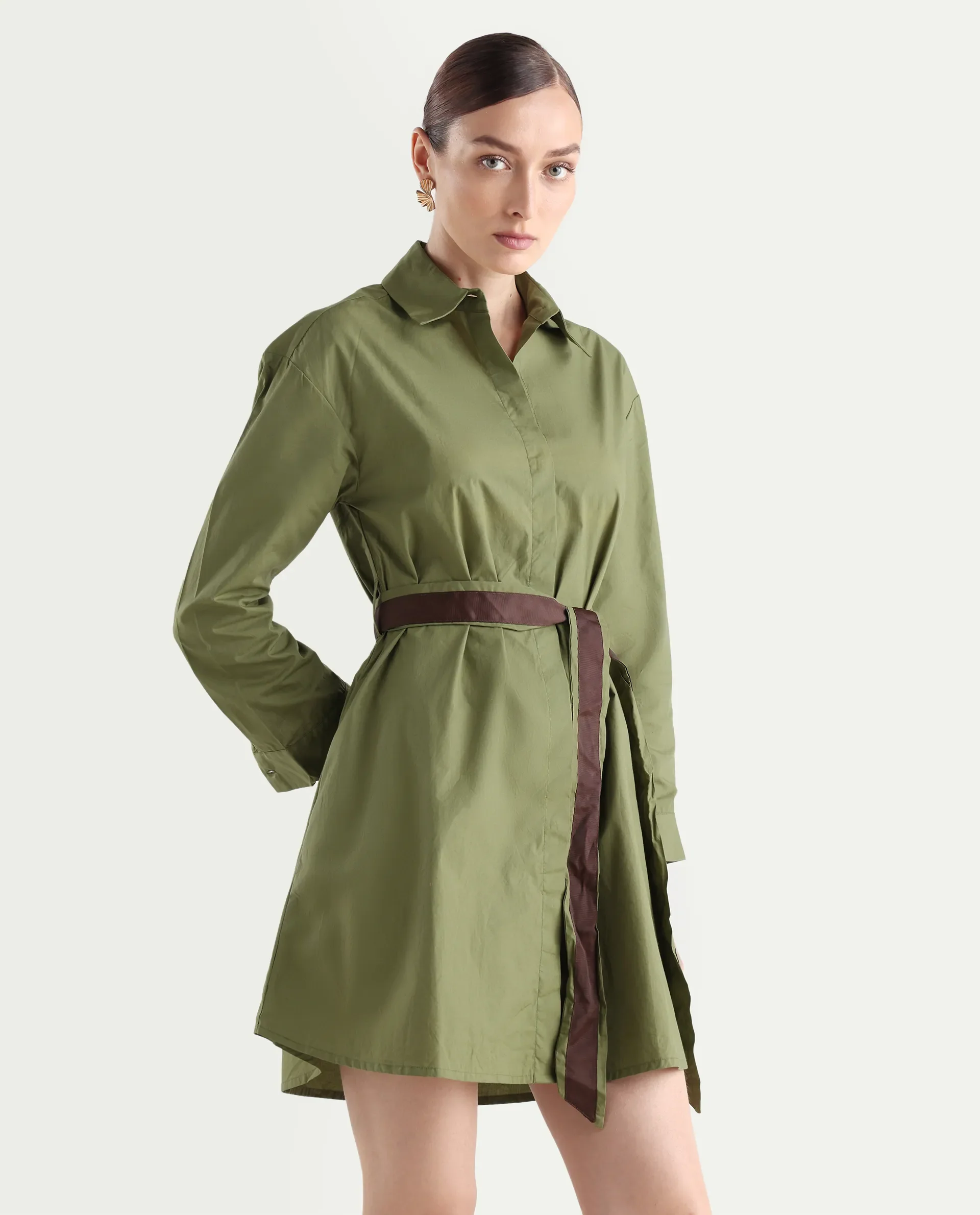 Rareism Women's Meztli Green Drop Collar Plain Cuffed Sleeve Mini A-Line Dress - Image 7
