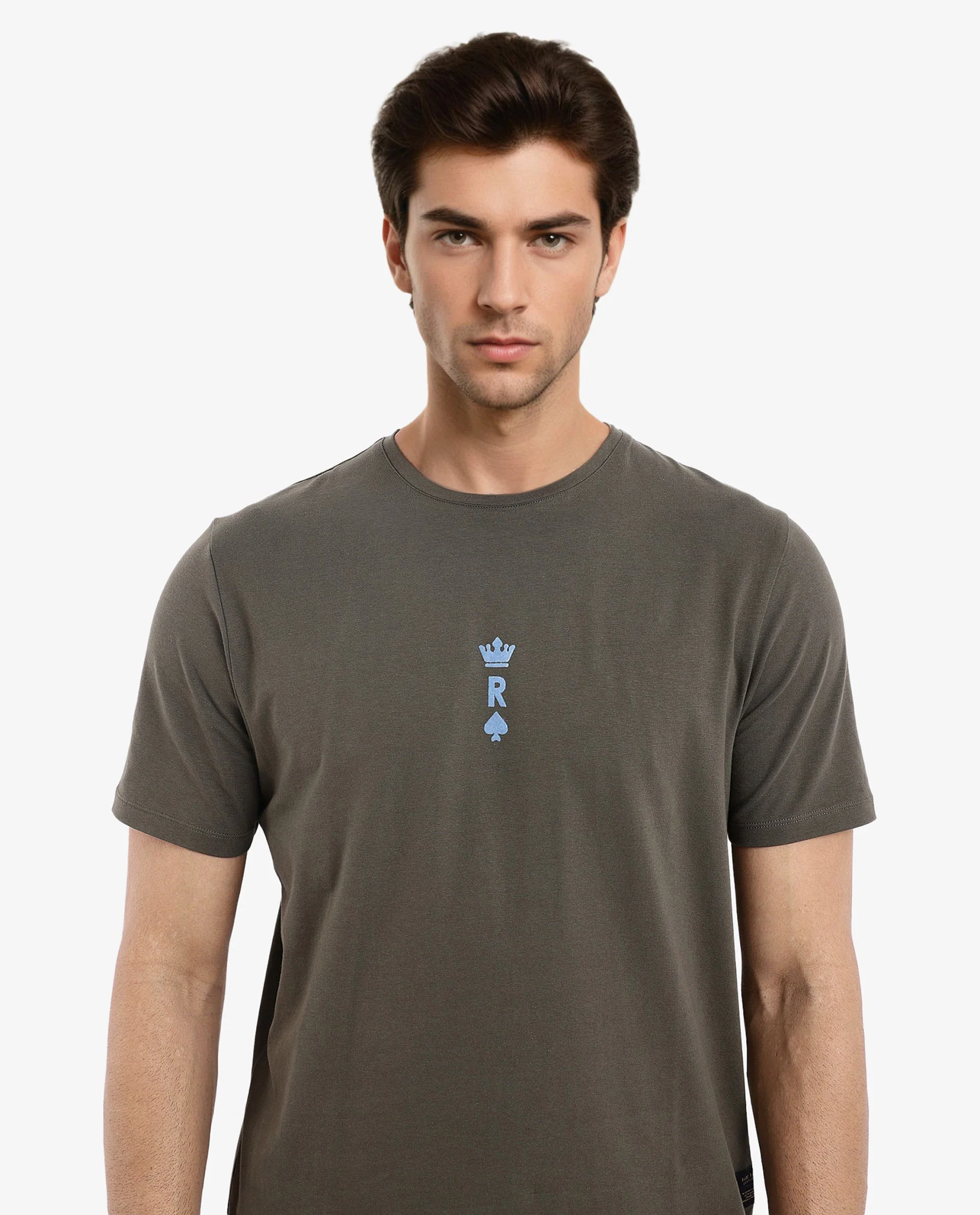 Rare Rabbit Men's Miam Olive Cotton Graphic Print Regular Fit Half Sleeve Crew Neck T-Shirt - Image 2