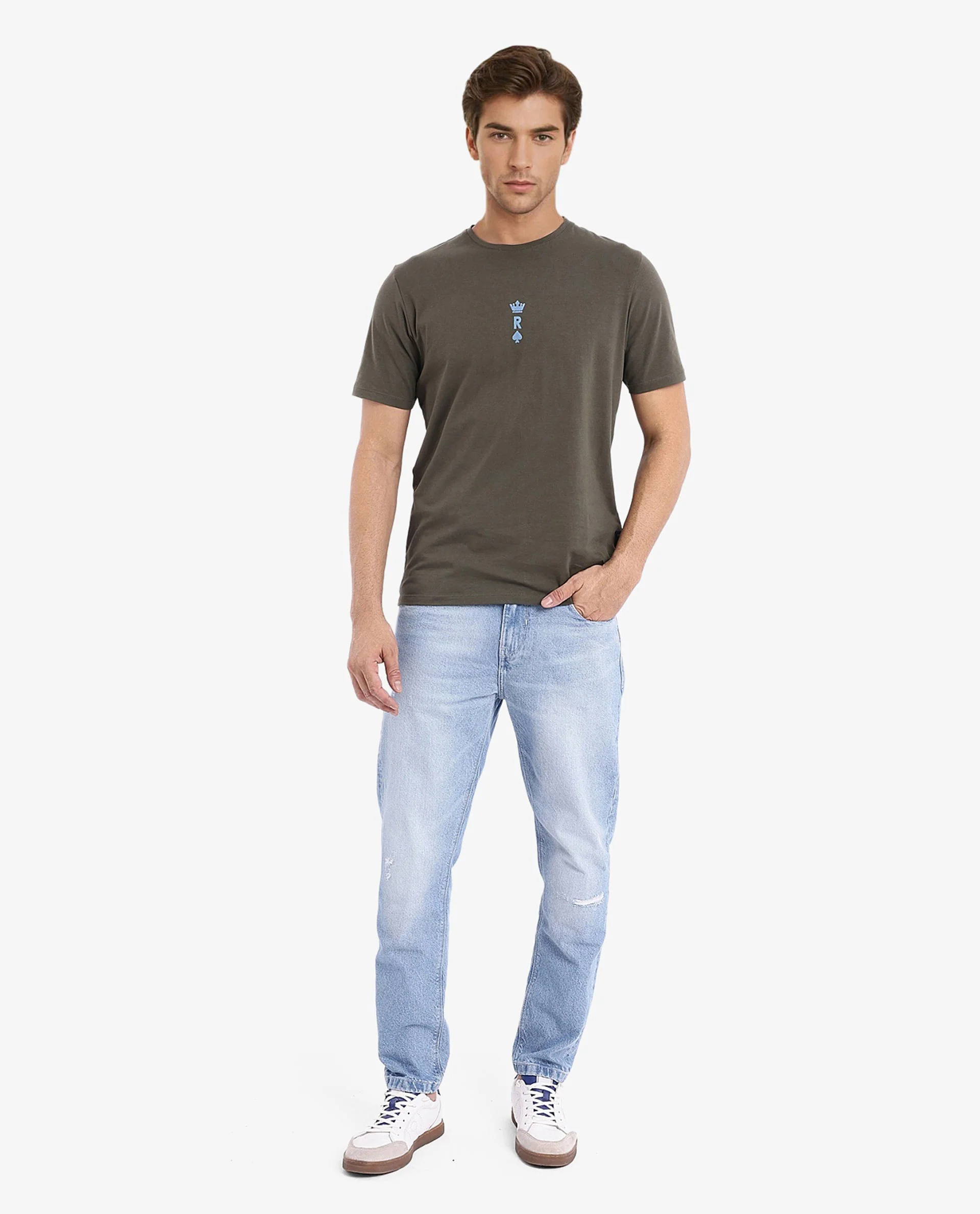 Rare Rabbit Men's Miam Olive Cotton Graphic Print Regular Fit Half Sleeve Crew Neck T-Shirt - Image 3