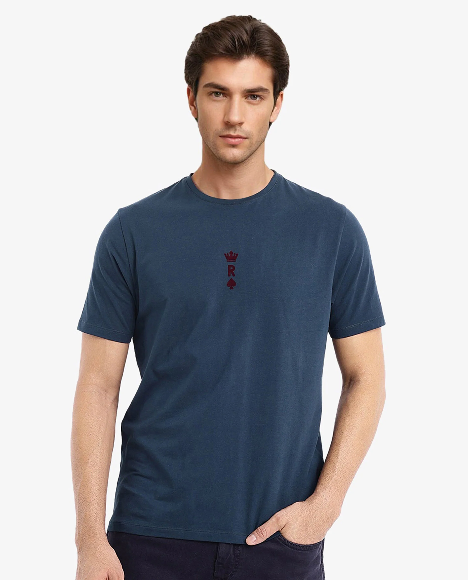 Rare Rabbit Men's Miam Petrol Cotton Graphic Print Regular Fit Half Sleeve Crew Neck T-Shirt