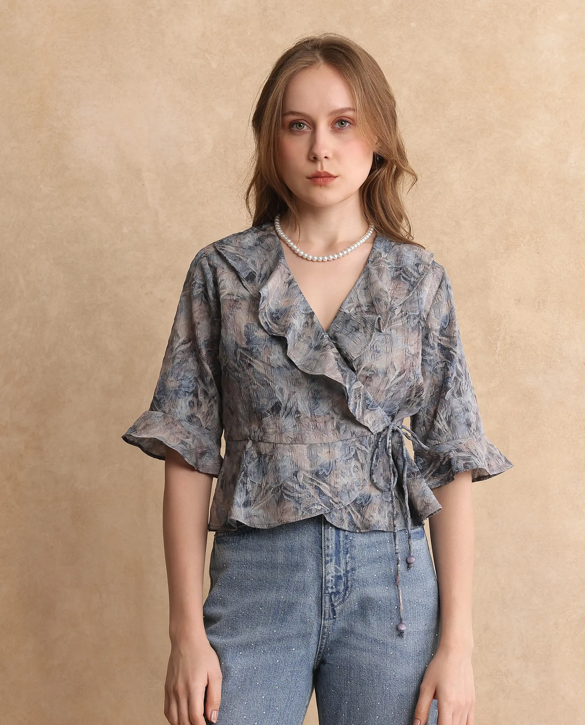 Rareism Women's Miben Dusky Multi Polyester Blend Ruffled Neck Floral Print Crop Regular Fit Top - Image 2