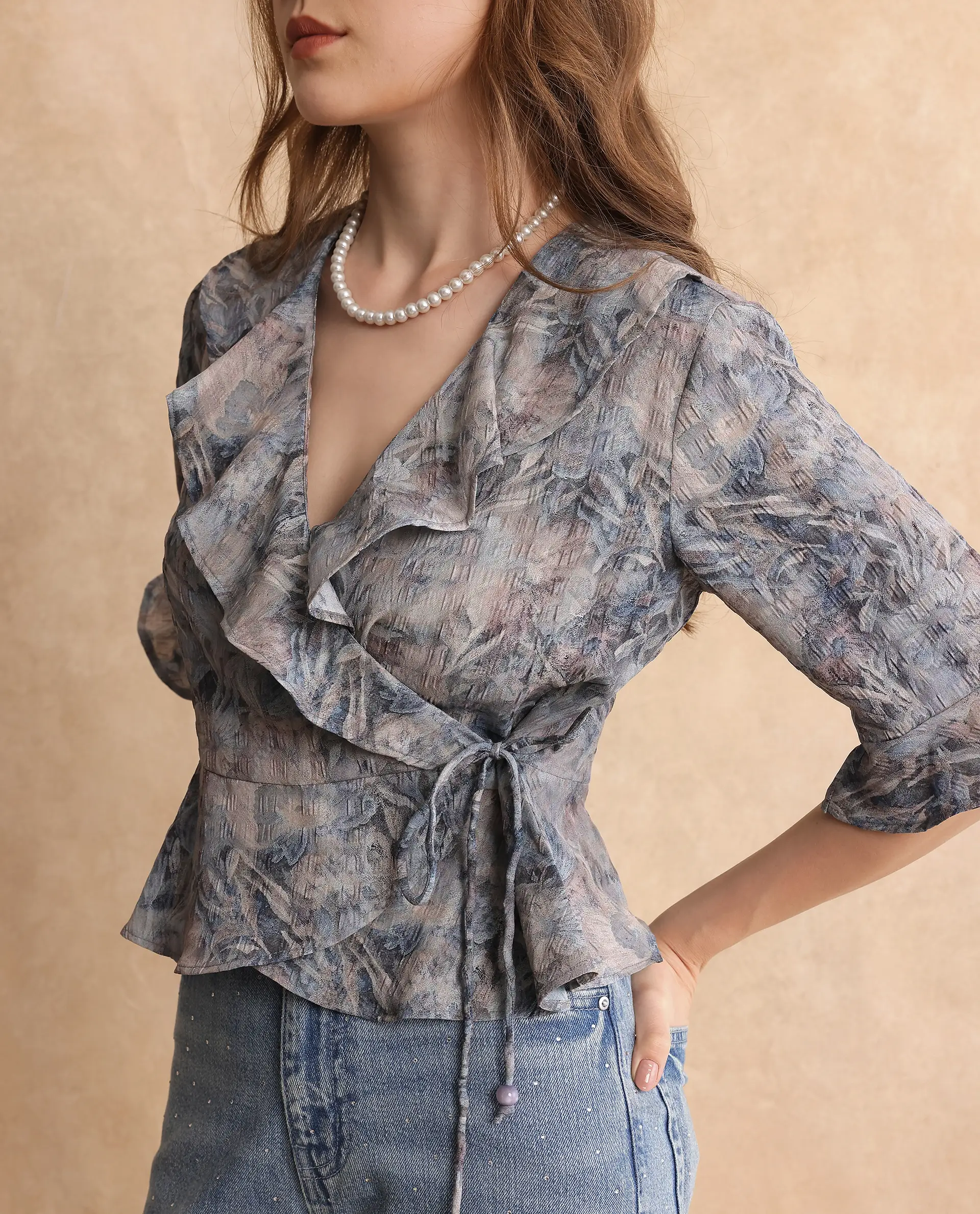 Rareism Women's Miben Dusky Multi Polyester Blend Ruffled Neck Floral Print Crop Regular Fit Top - Image 3