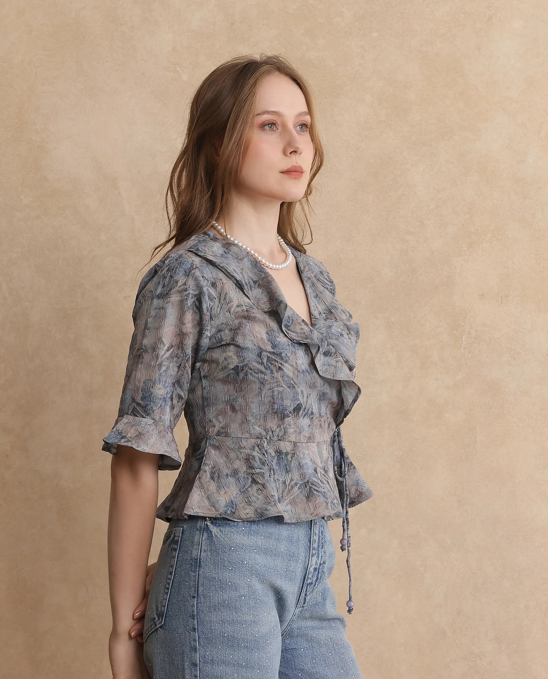 Rareism Women's Miben Dusky Multi Polyester Blend Ruffled Neck Floral Print Crop Regular Fit Top - Image 5