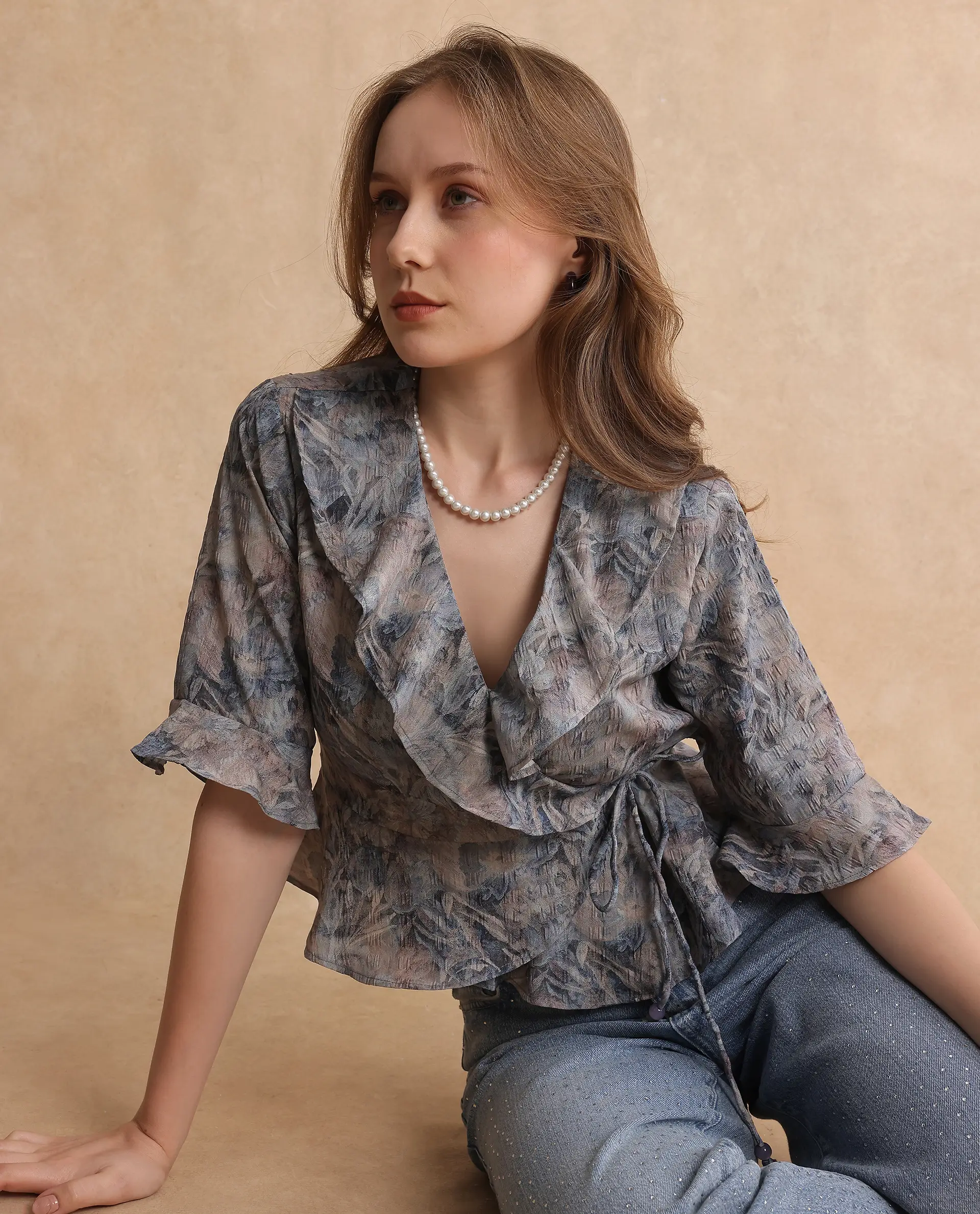 Rareism Women's Miben Dusky Multi Polyester Blend Ruffled Neck Floral Print Crop Regular Fit Top - Image 6