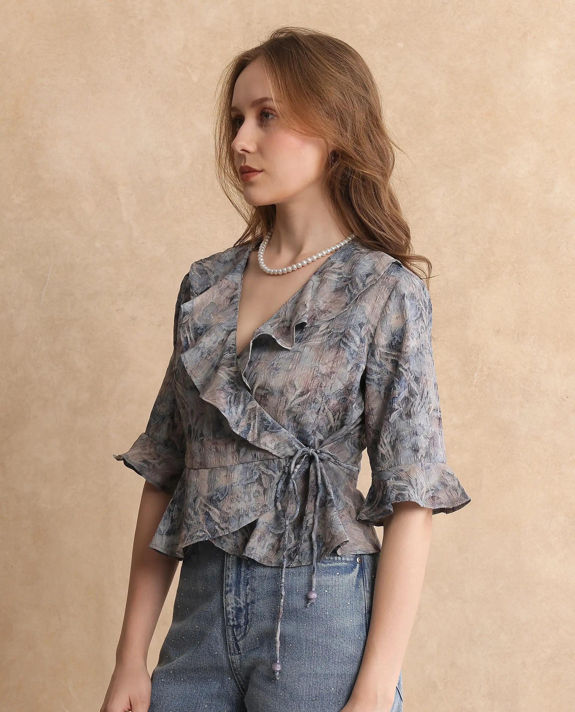 Rareism Women's Miben Dusky Multi Polyester Blend Ruffled Neck Floral Print Crop Regular Fit Top - Image 7