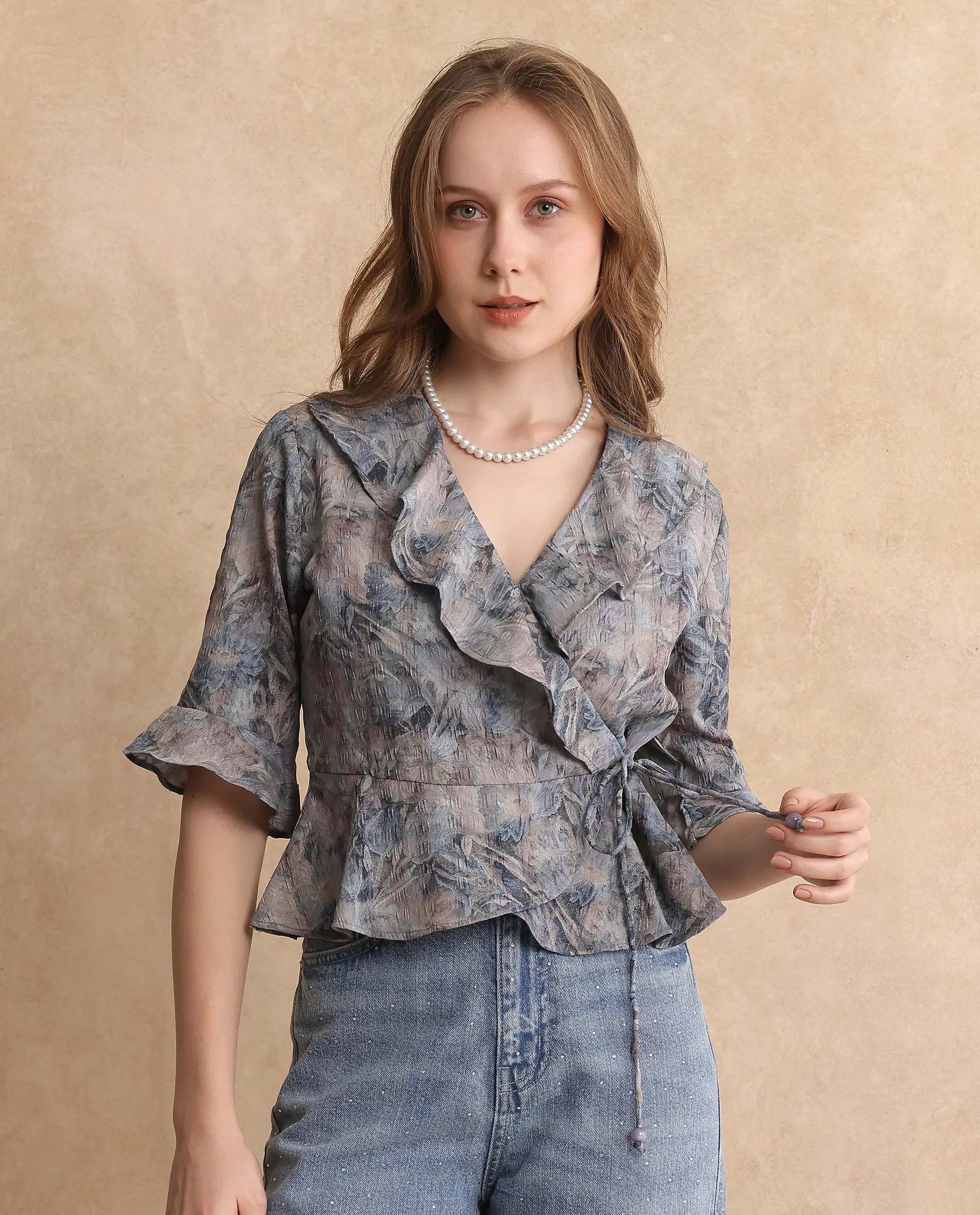 Rareism Women's Miben Dusky Multi Polyester Blend Ruffled Neck Floral Print Crop Regular Fit Top - Image 8