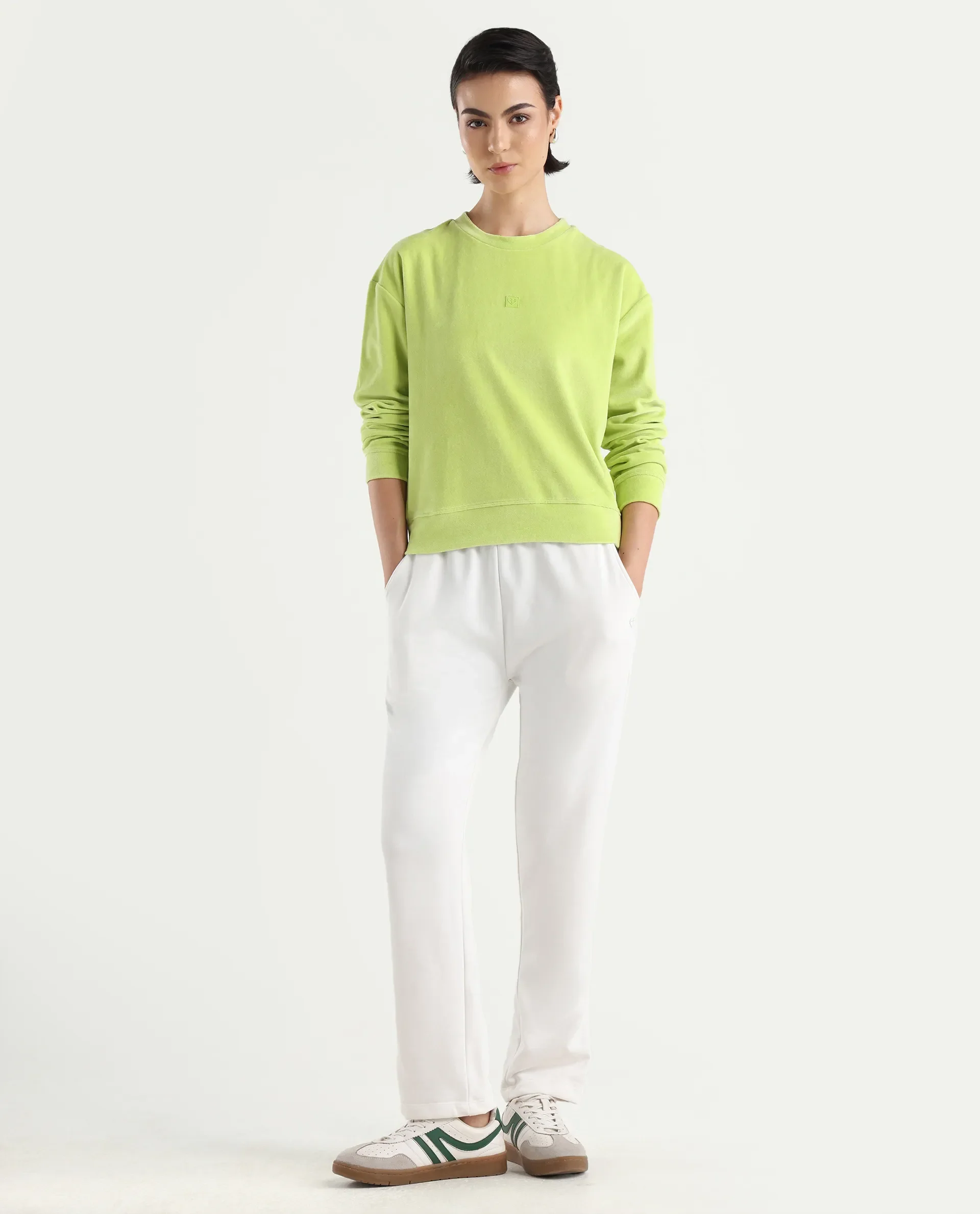 Rareism Women's Miccoli Light Green Cotton Blend Crew Neck Graphic Print Cuffed Sleeve Regular Fit Sweatshirt - Image 2