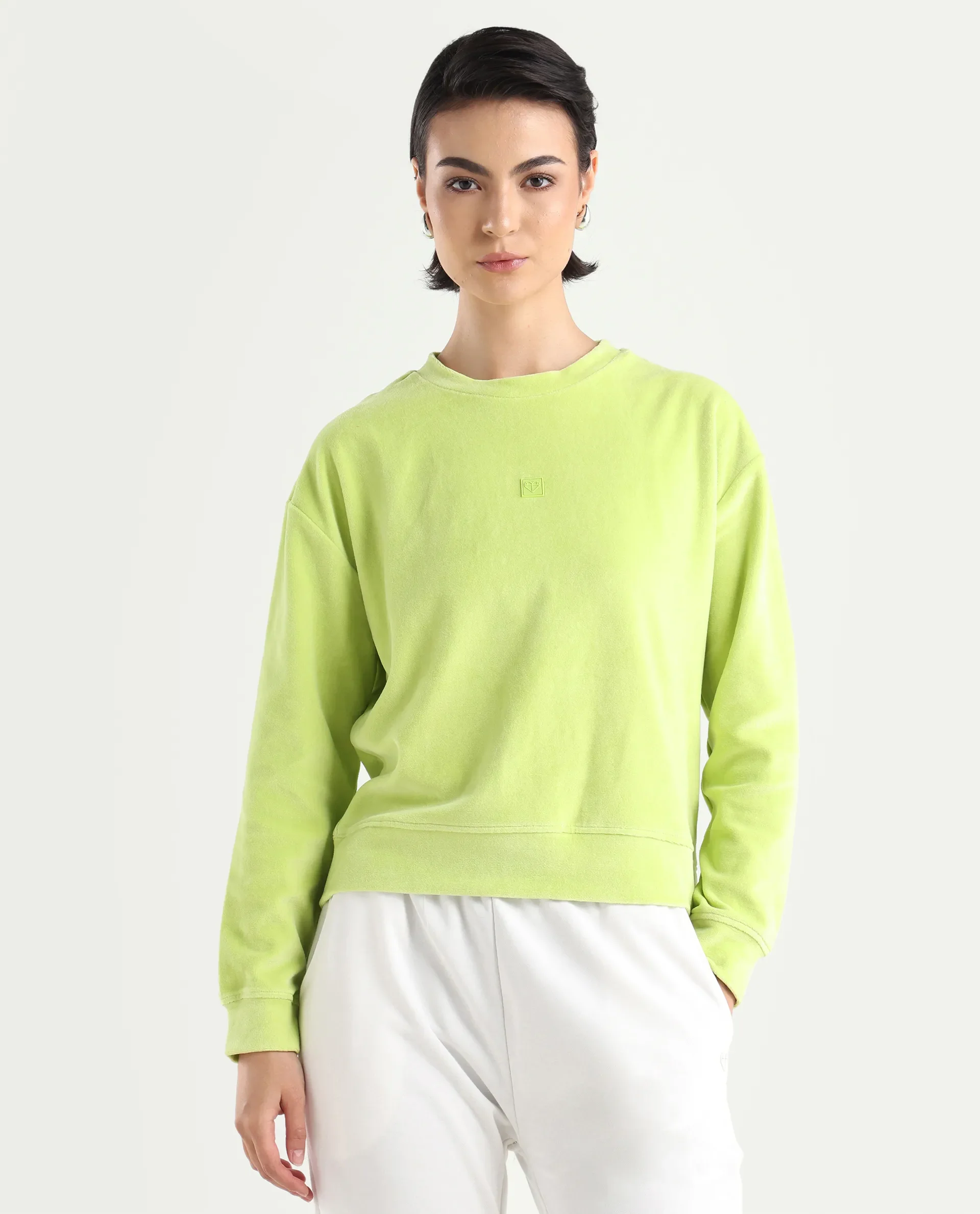 Rareism Women's Miccoli Light Green Cotton Blend Crew Neck Graphic Print Cuffed Sleeve Regular Fit Sweatshirt - Image 3