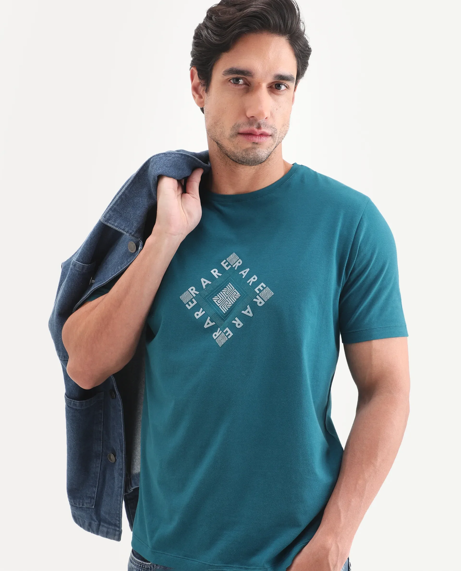 Rare Rabbit Men's Mich Flouroscent Blue Cotton Blend Fabric Half Sleeve Crew Neck Regular Fit Graphic Print T-Shirt