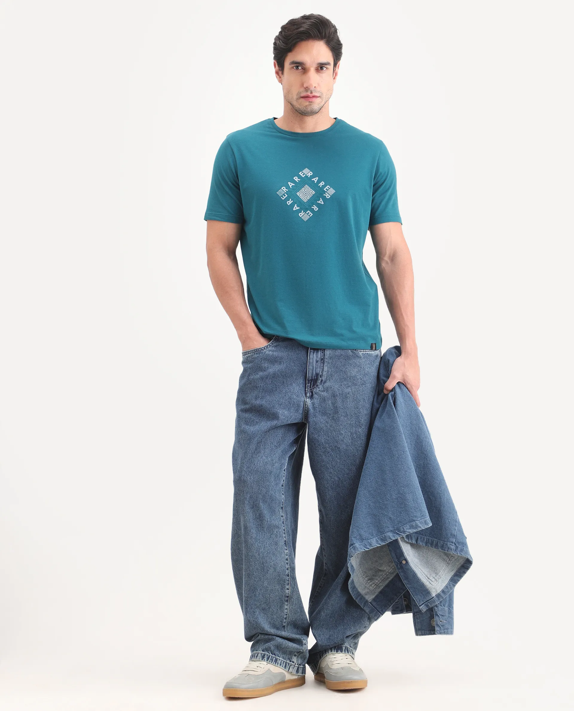 Rare Rabbit Men's Mich Flouroscent Blue Cotton Blend Fabric Half Sleeve Crew Neck Regular Fit Graphic Print T-Shirt - Image 2