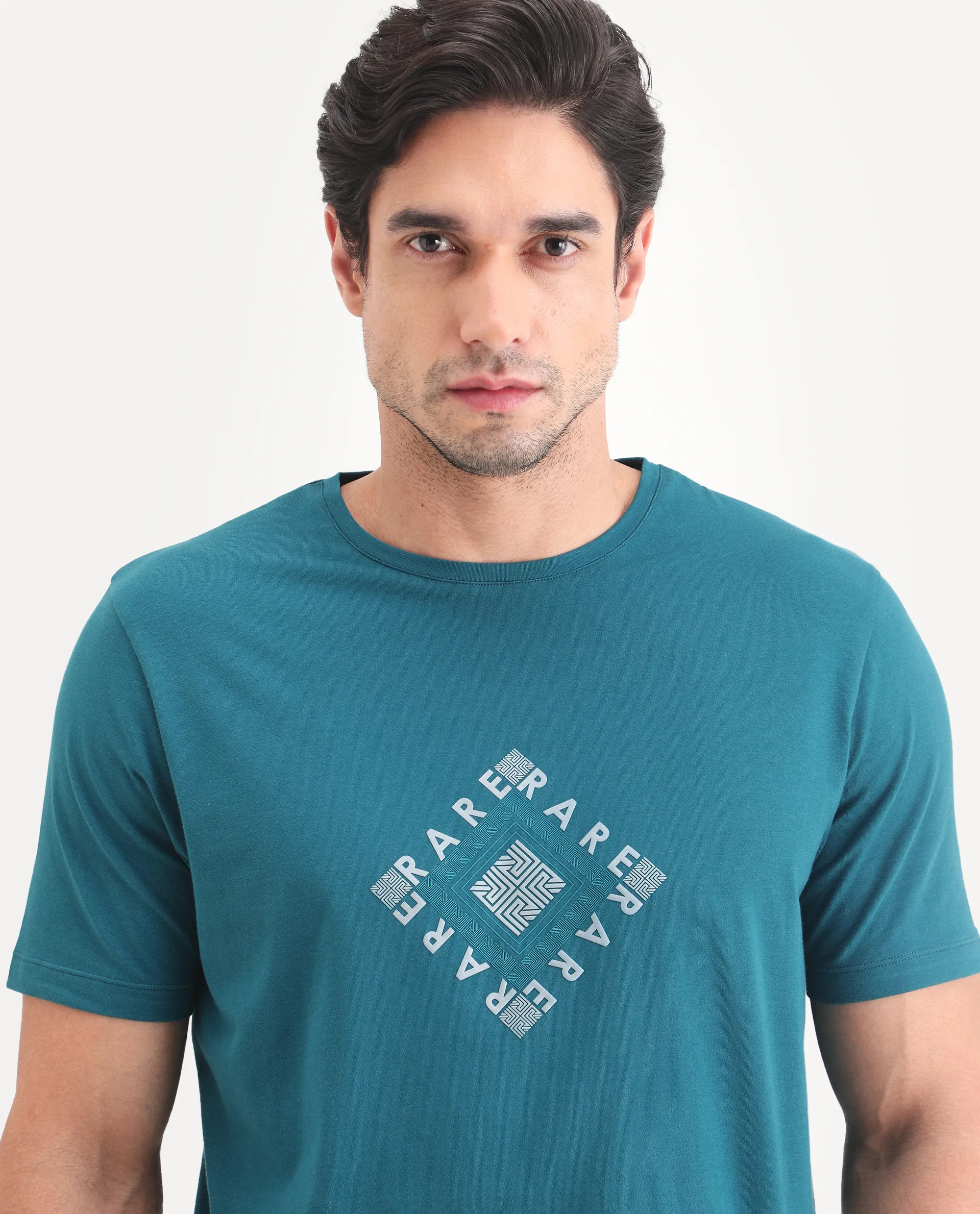 Rare Rabbit Men's Mich Flouroscent Blue Cotton Blend Fabric Half Sleeve Crew Neck Regular Fit Graphic Print T-Shirt - Image 3