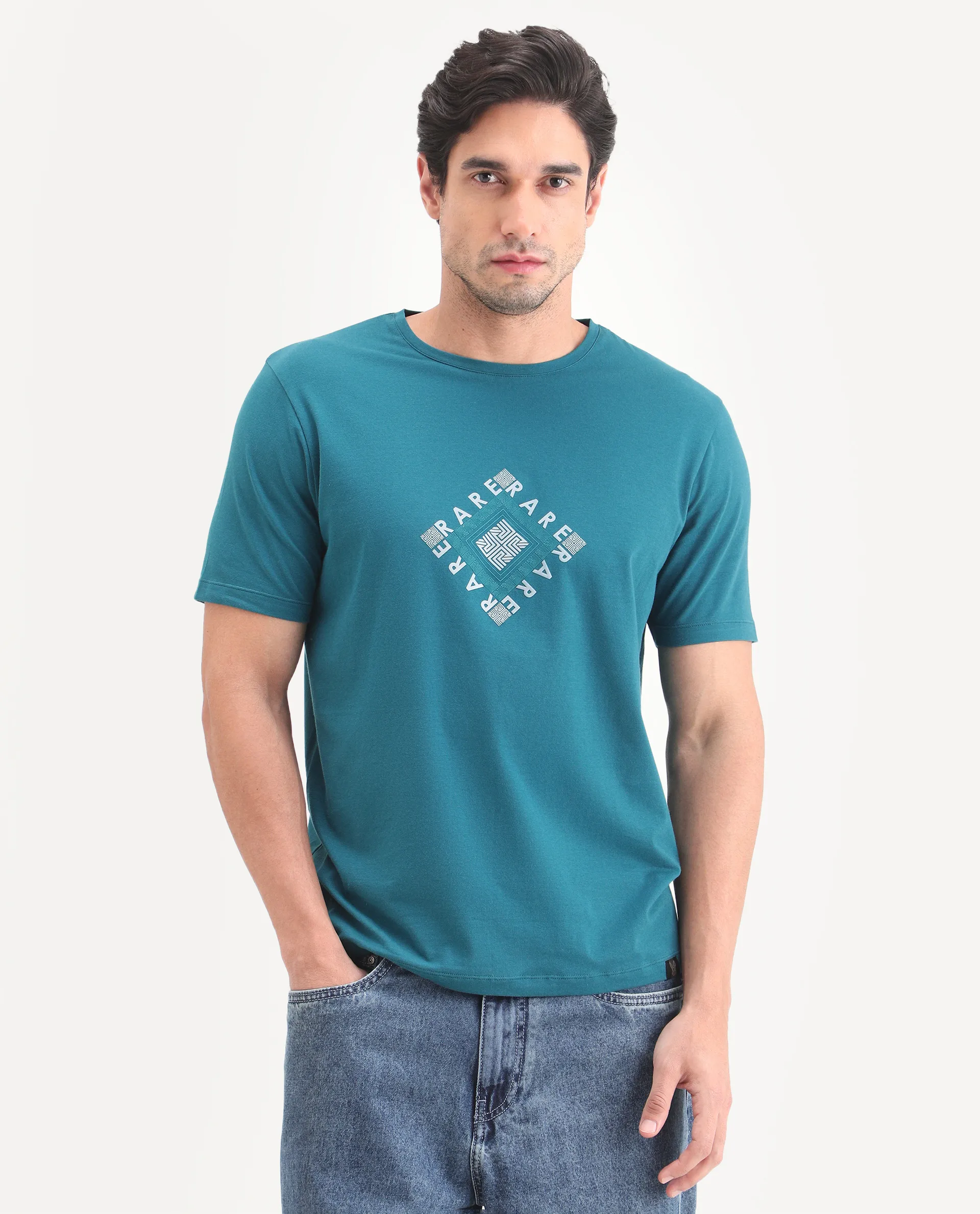 Rare Rabbit Men's Mich Flouroscent Blue Cotton Blend Fabric Half Sleeve Crew Neck Regular Fit Graphic Print T-Shirt - Image 4