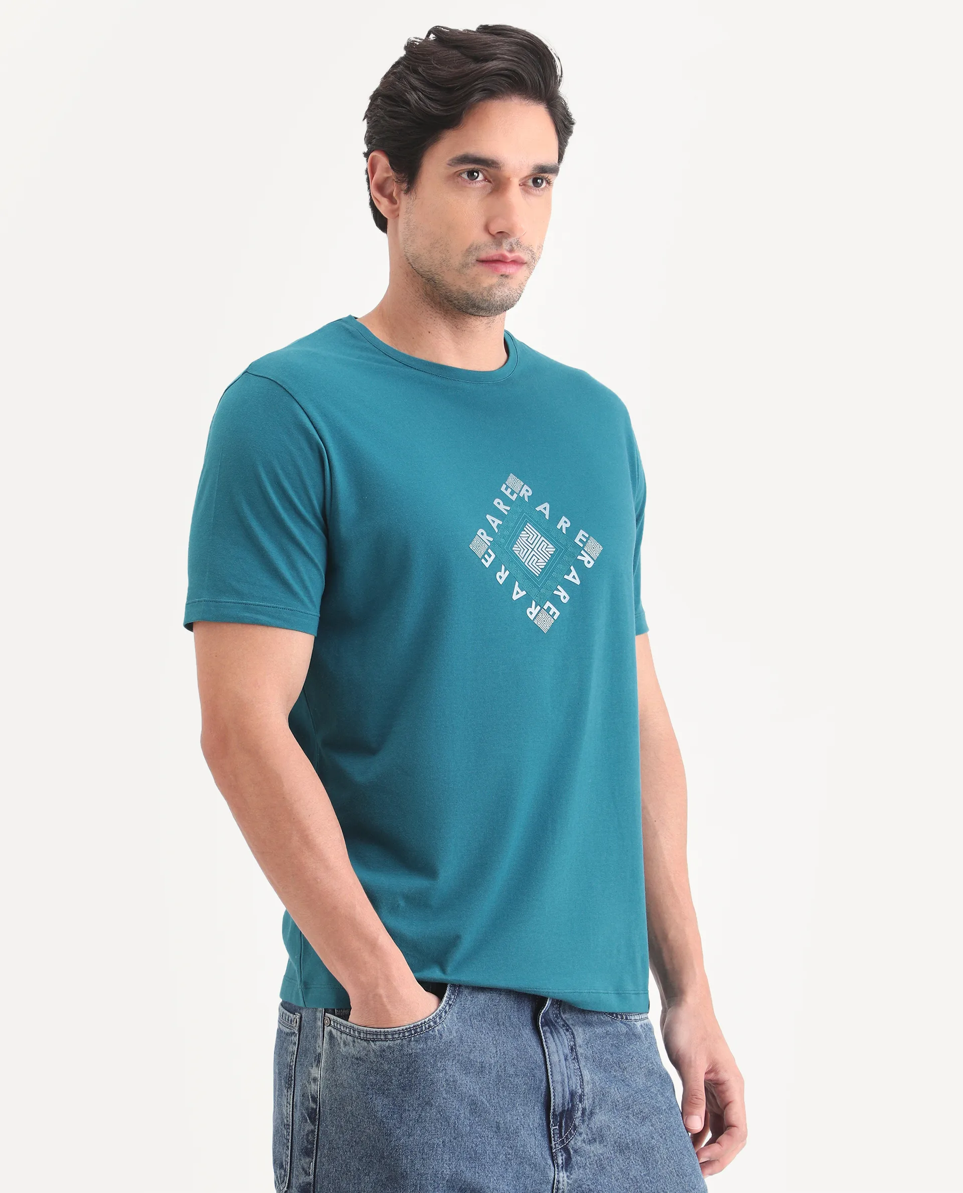 Rare Rabbit Men's Mich Flouroscent Blue Cotton Blend Fabric Half Sleeve Crew Neck Regular Fit Graphic Print T-Shirt - Image 5