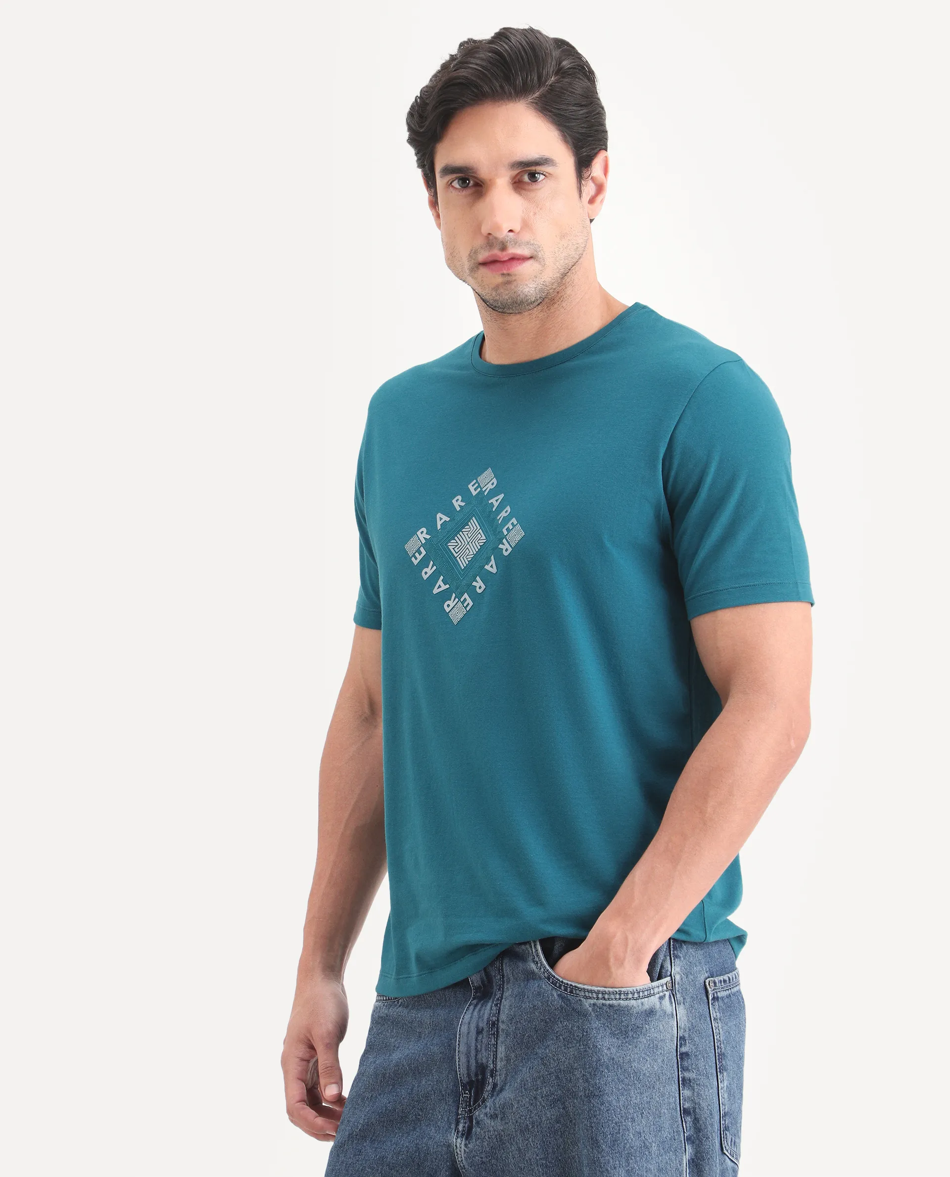 Rare Rabbit Men's Mich Flouroscent Blue Cotton Blend Fabric Half Sleeve Crew Neck Regular Fit Graphic Print T-Shirt - Image 6