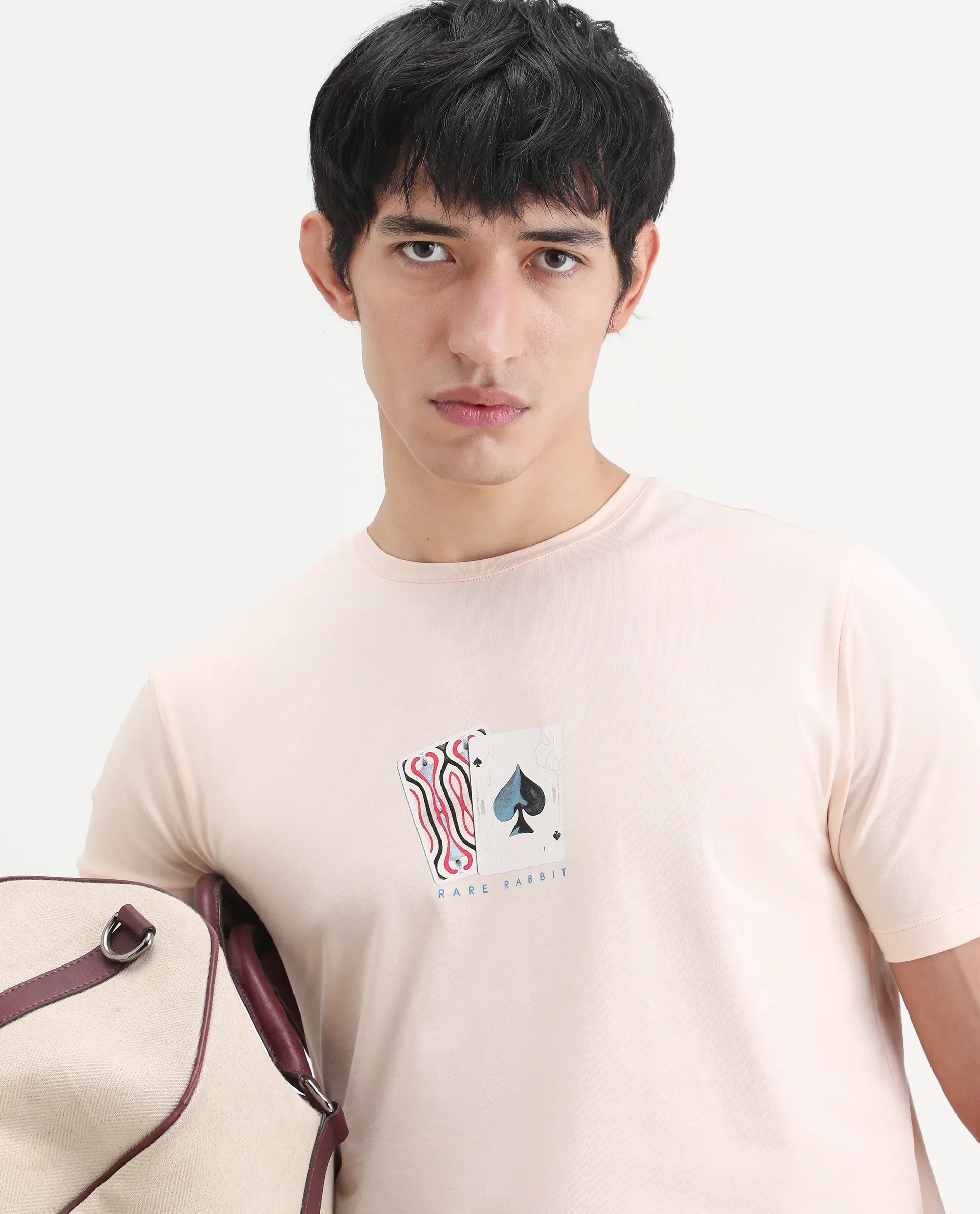 Rare Rabbit Men's Mich Pastel Peach Cotton Blend Fabric Half Sleeve Crew Neck Regular Fit Graphic Print T-Shirt