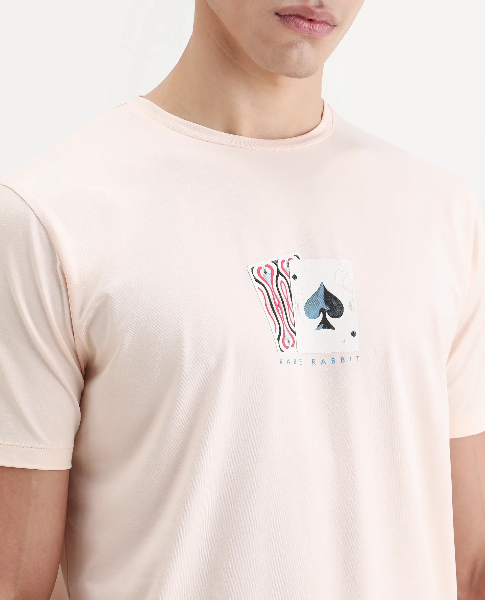 Rare Rabbit Men's Mich Pastel Peach Cotton Blend Fabric Half Sleeve Crew Neck Regular Fit Graphic Print T-Shirt - Image 3
