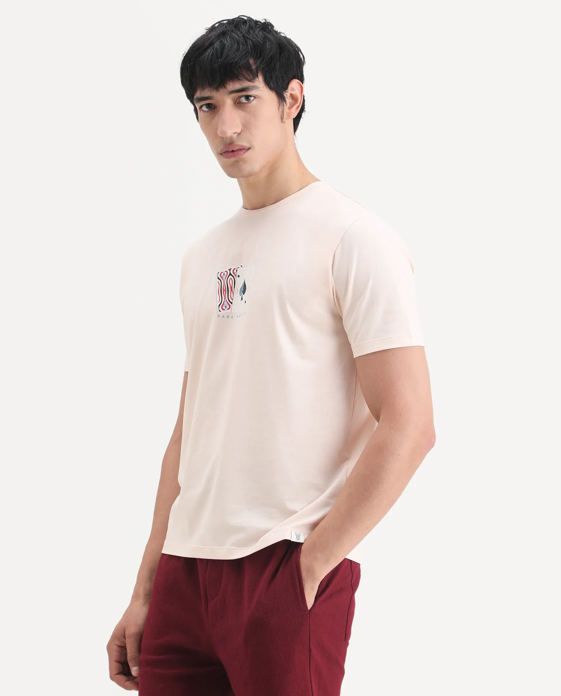Rare Rabbit Men's Mich Pastel Peach Cotton Blend Fabric Half Sleeve Crew Neck Regular Fit Graphic Print T-Shirt - Image 4