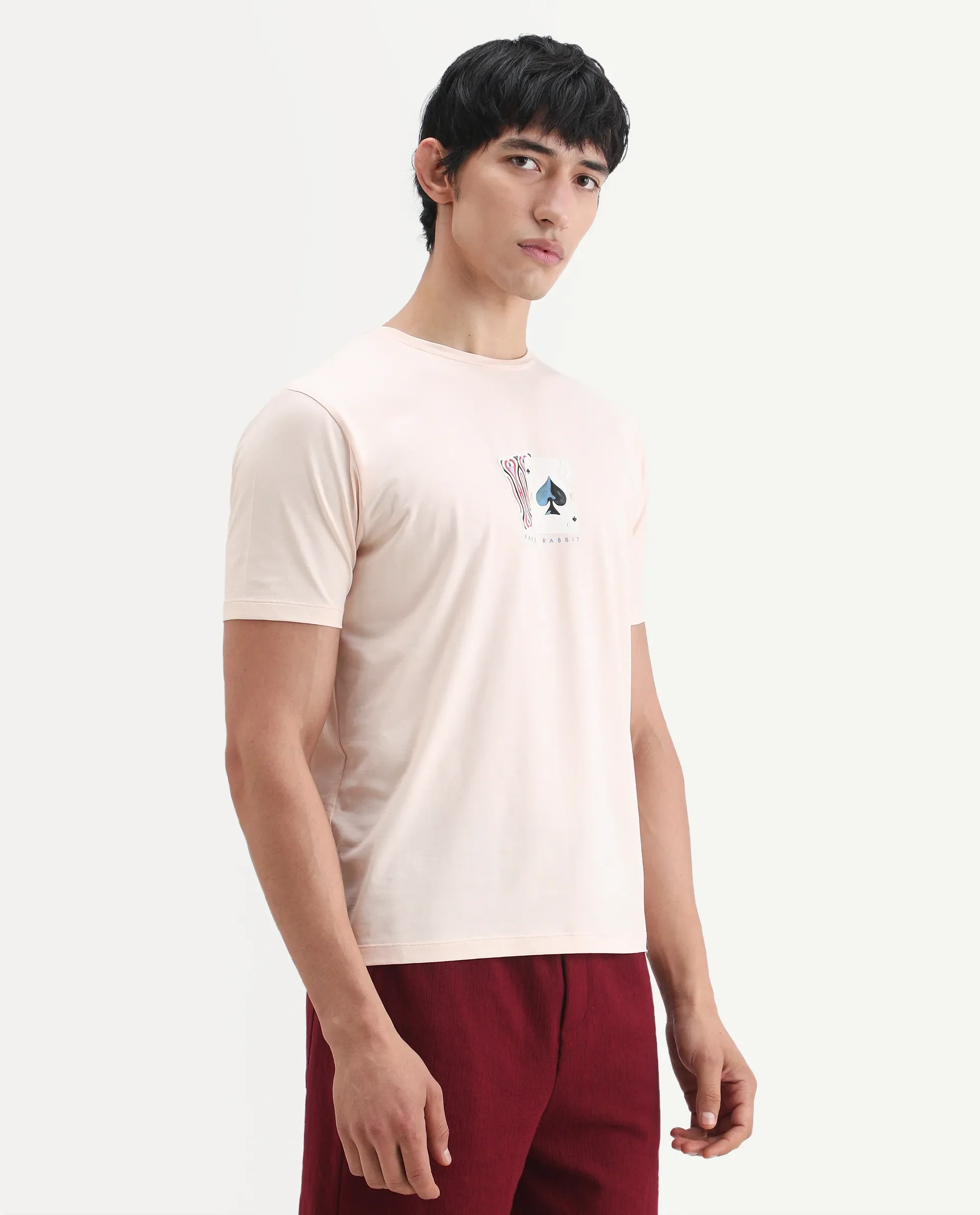 Rare Rabbit Men's Mich Pastel Peach Cotton Blend Fabric Half Sleeve Crew Neck Regular Fit Graphic Print T-Shirt - Image 5