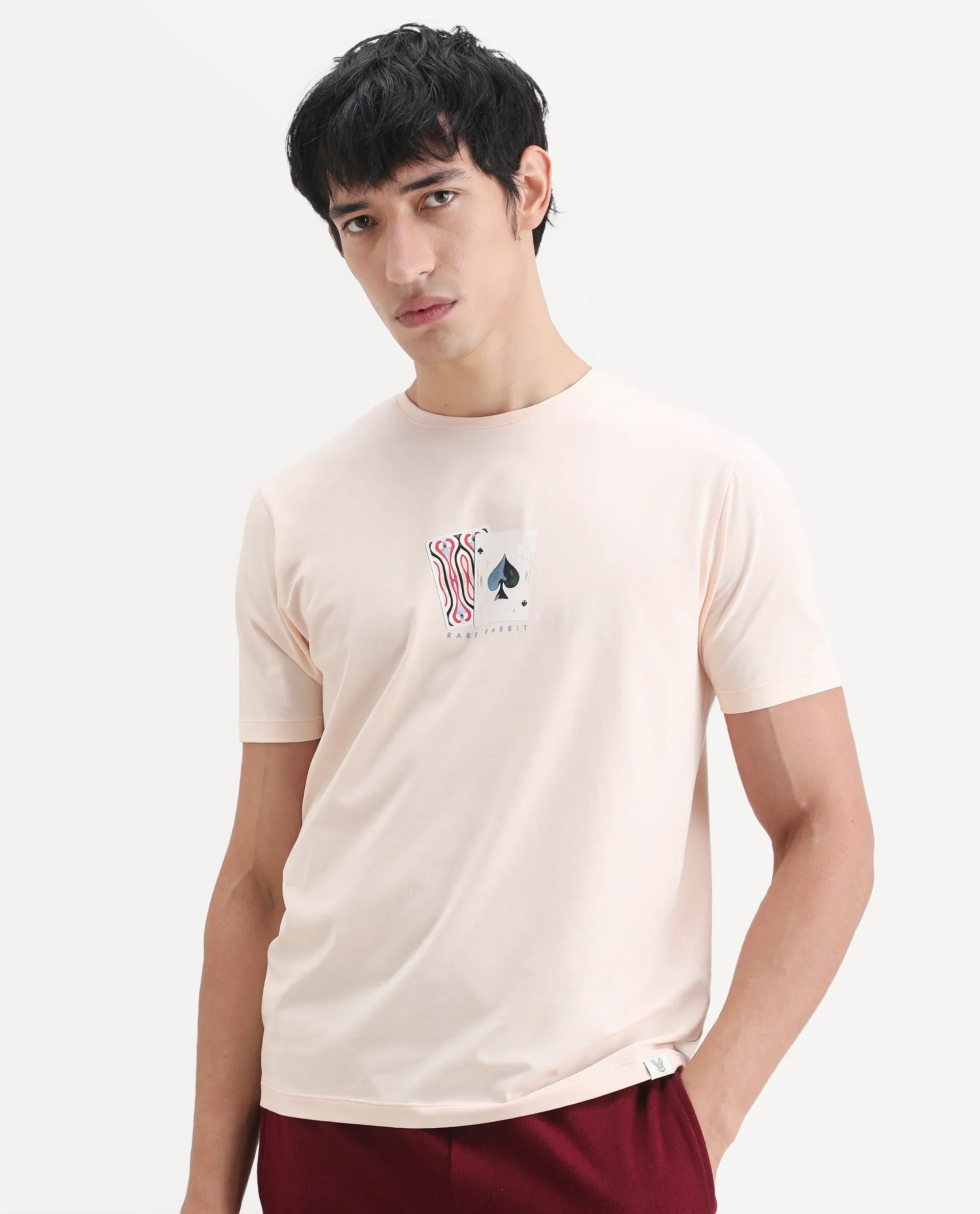 Rare Rabbit Men's Mich Pastel Peach Cotton Blend Fabric Half Sleeve Crew Neck Regular Fit Graphic Print T-Shirt - Image 6