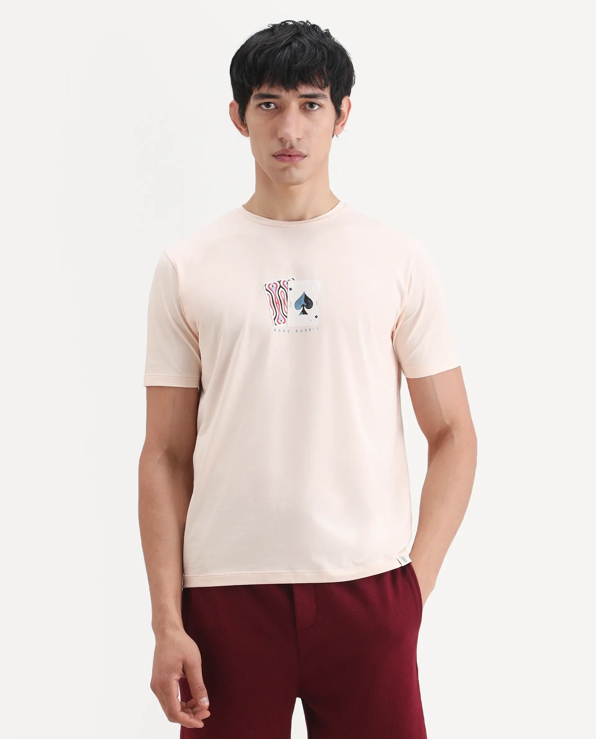 Rare Rabbit Men's Mich Pastel Peach Cotton Blend Fabric Half Sleeve Crew Neck Regular Fit Graphic Print T-Shirt - Image 7
