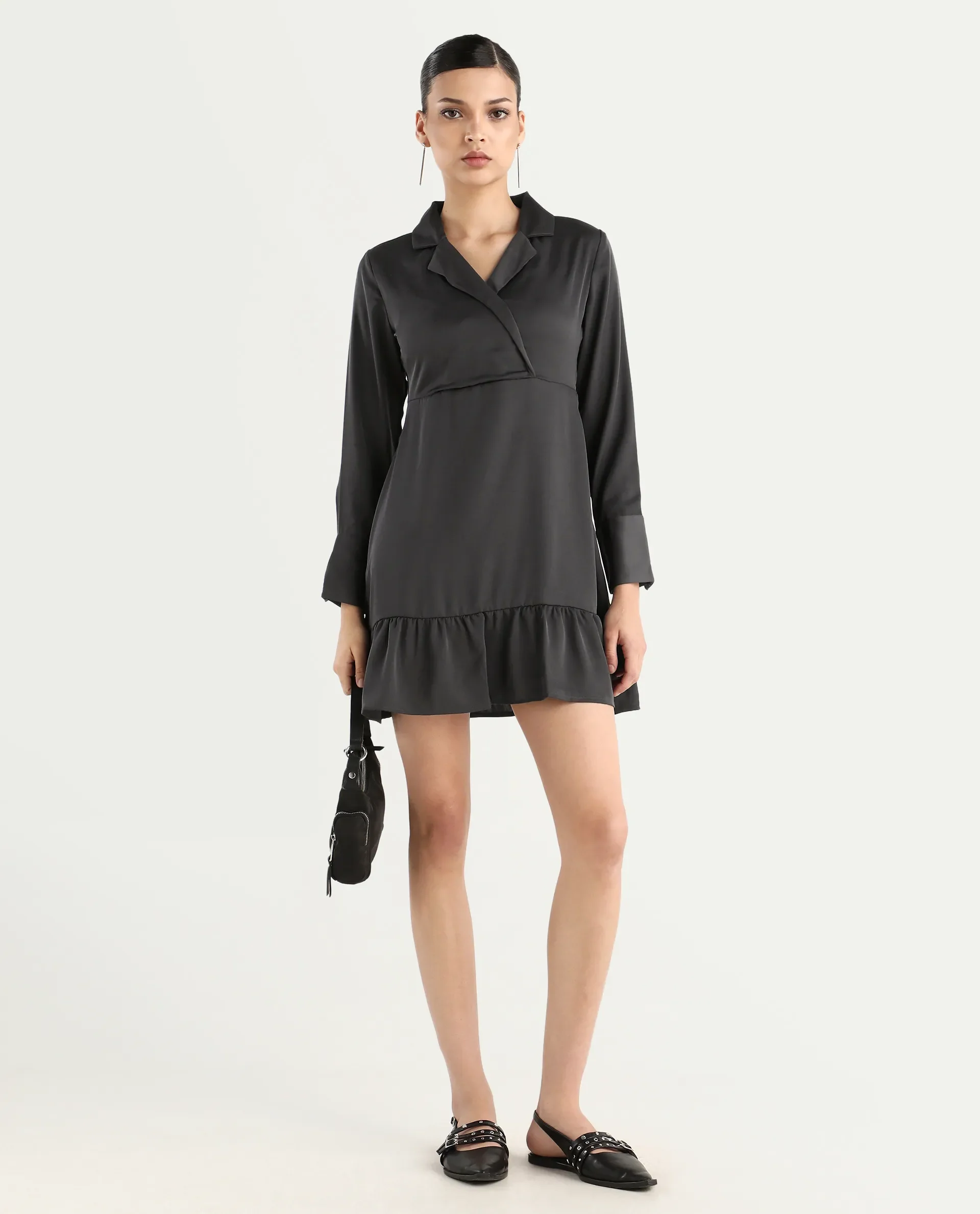 Rareism Women's Michiko Grey Satin Lapel Neck Plain Cuffed Sleeve Mini Fit And Flare Dress - Image 2