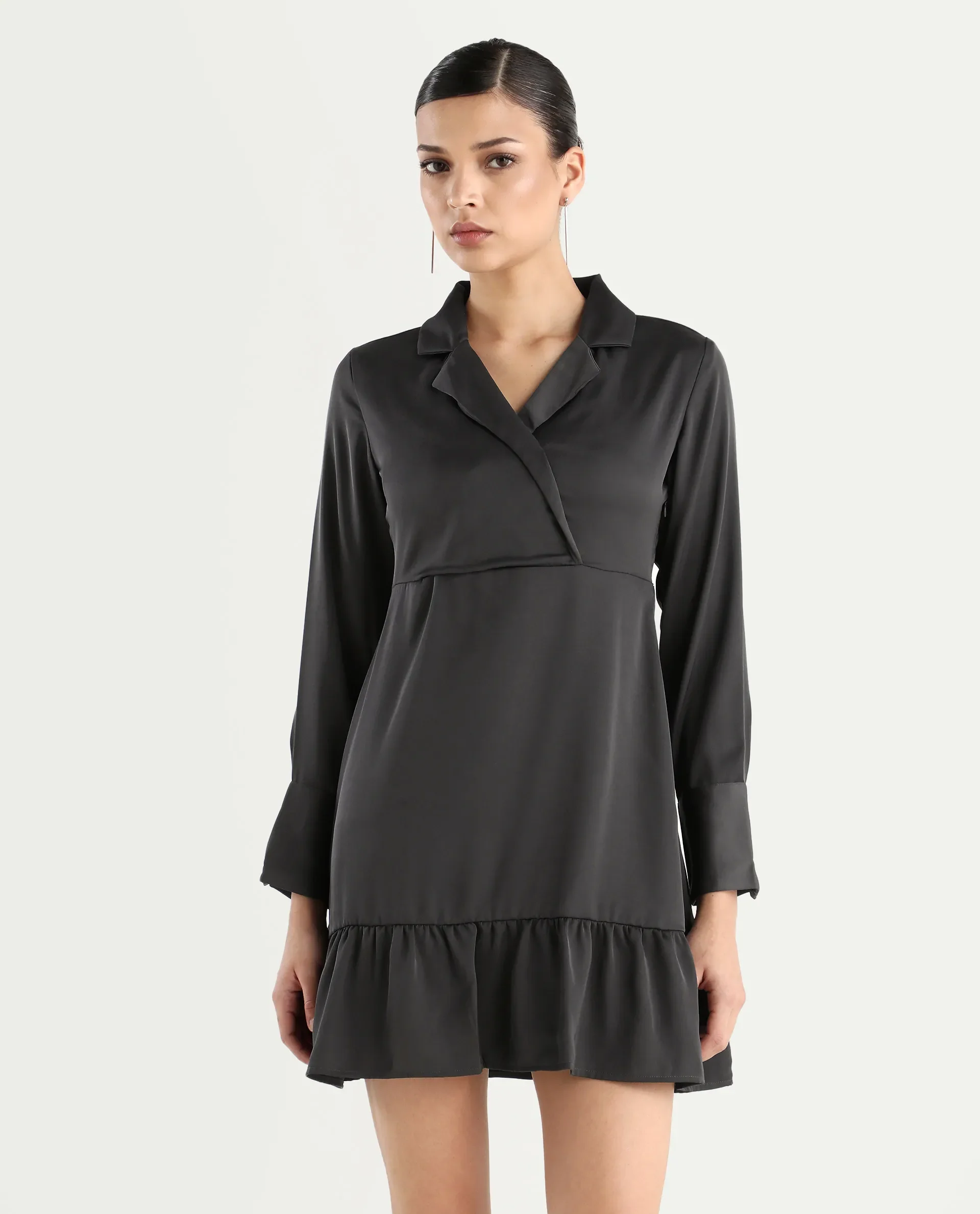 Rareism Women's Michiko Grey Satin Lapel Neck Plain Cuffed Sleeve Mini Fit And Flare Dress - Image 3