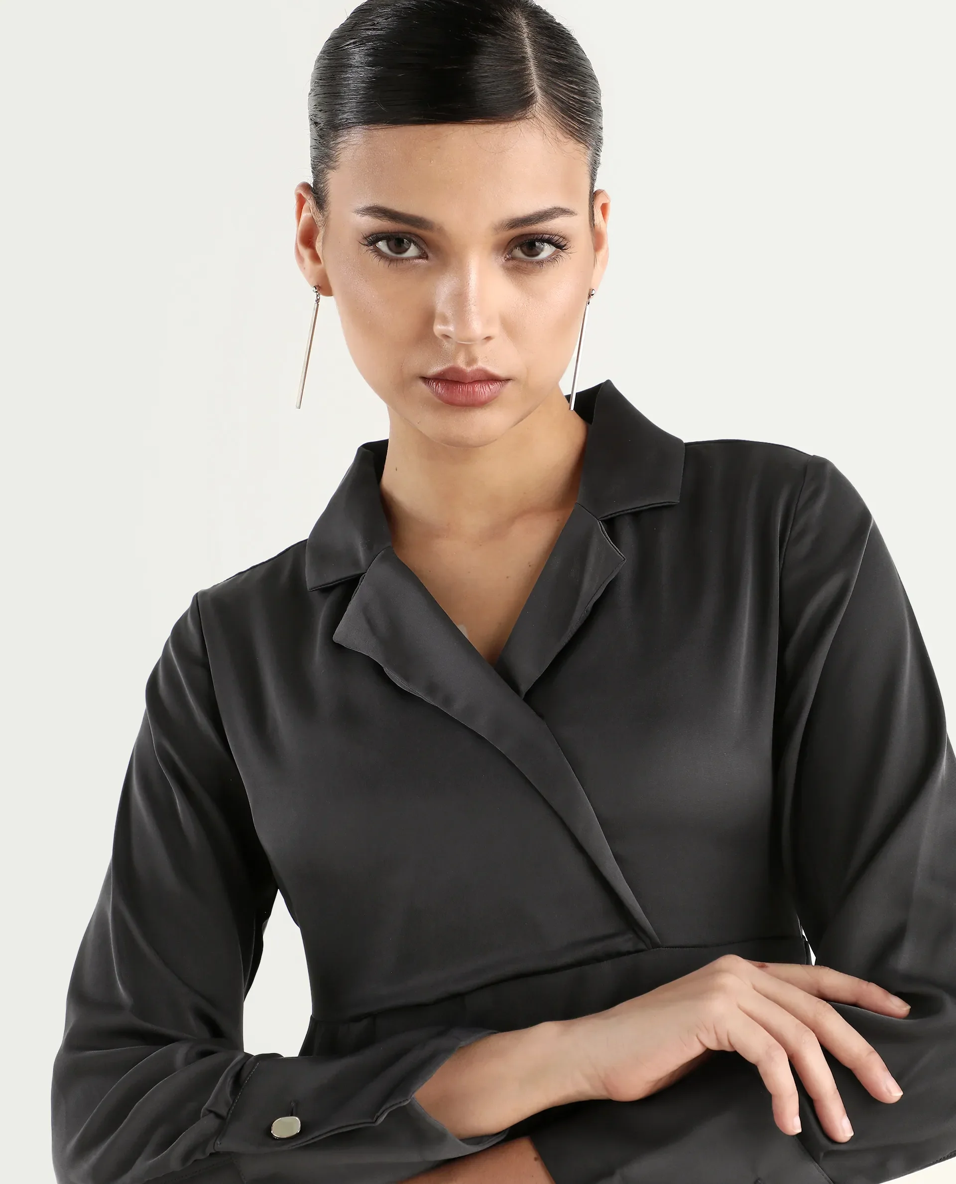 Rareism Women's Michiko Grey Satin Lapel Neck Plain Cuffed Sleeve Mini Fit And Flare Dress - Image 4