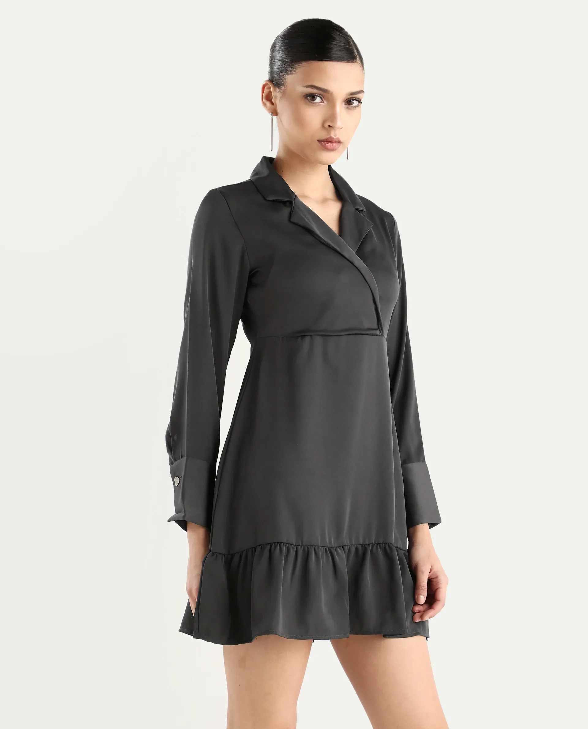 Rareism Women's Michiko Grey Satin Lapel Neck Plain Cuffed Sleeve Mini Fit And Flare Dress - Image 5