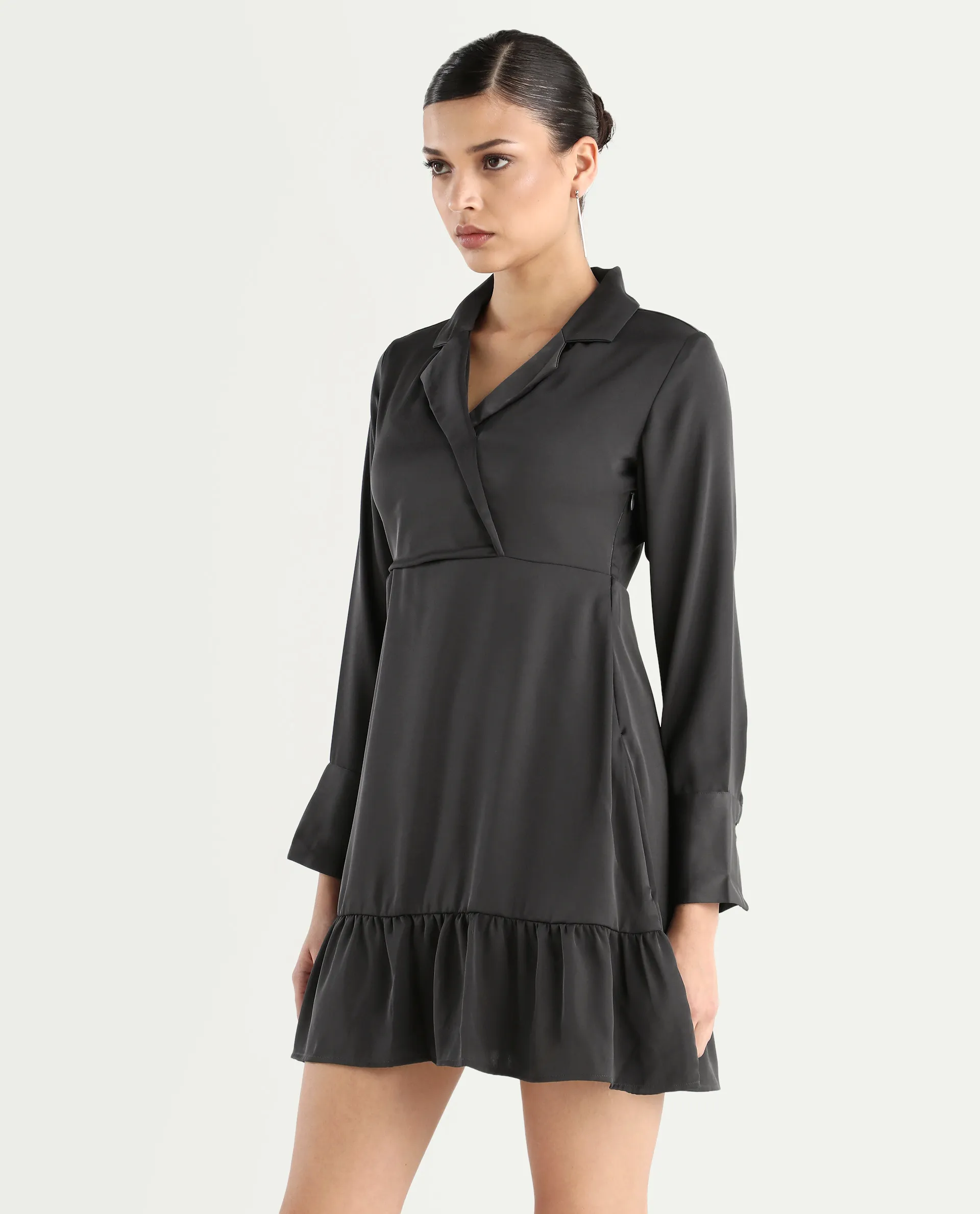 Rareism Women's Michiko Grey Satin Lapel Neck Plain Cuffed Sleeve Mini Fit And Flare Dress - Image 6