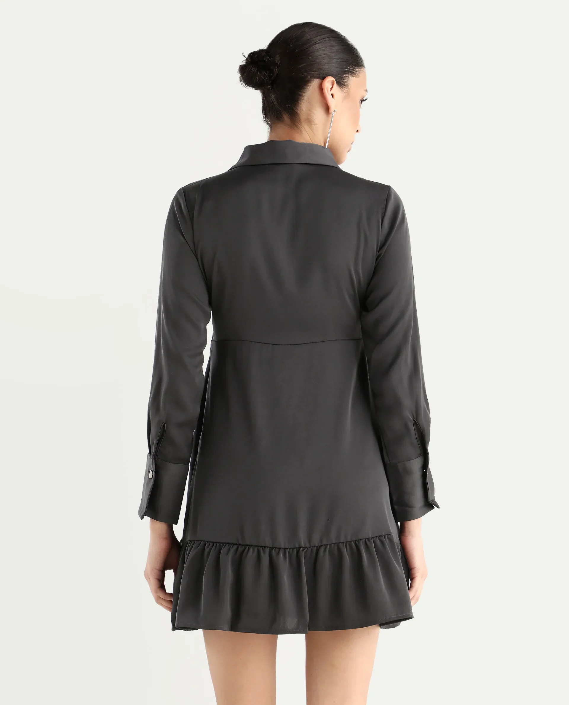 Rareism Women's Michiko Grey Satin Lapel Neck Plain Cuffed Sleeve Mini Fit And Flare Dress - Image 7