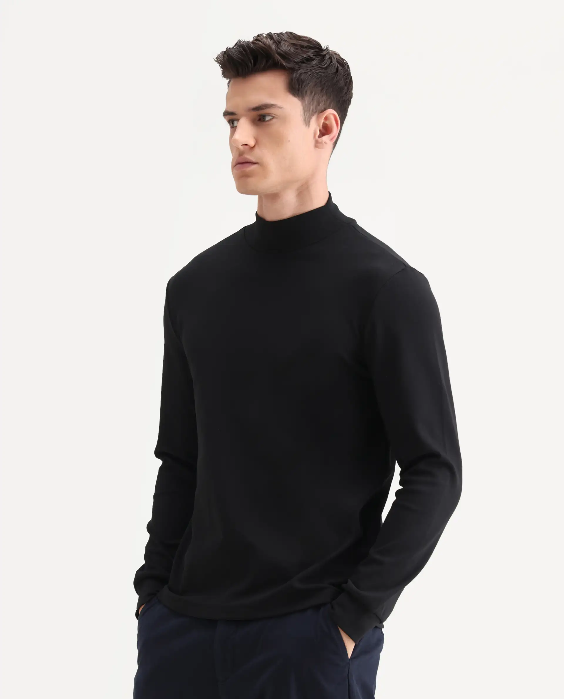 Rare Rabbit Men's Mick Black Cotton Blend Plain Regular Fit Full Sleeve Crew Neck T-Shirt - Image 4
