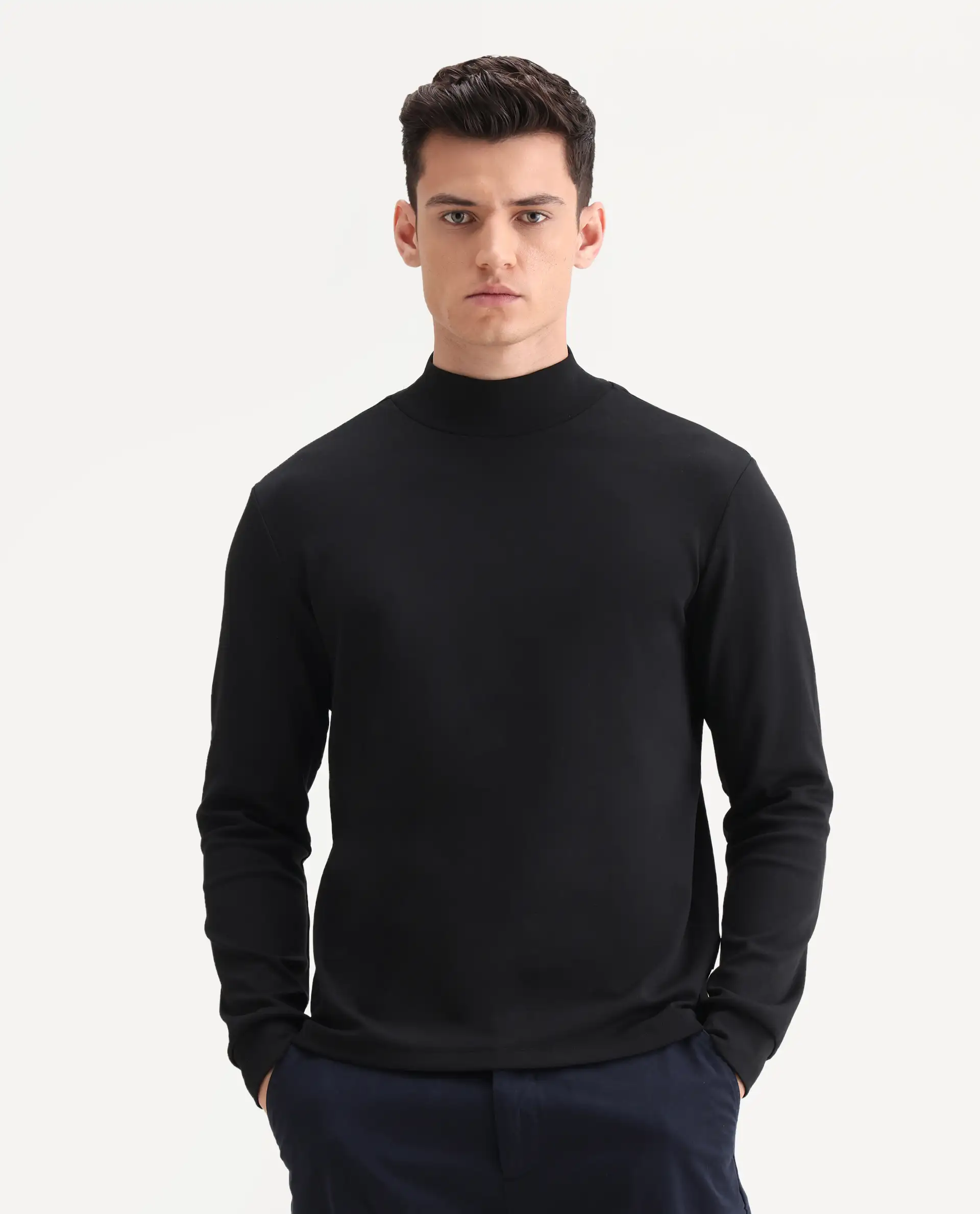 Rare Rabbit Men's Mick Black Cotton Blend Plain Regular Fit Full Sleeve Crew Neck T-Shirt - Image 5