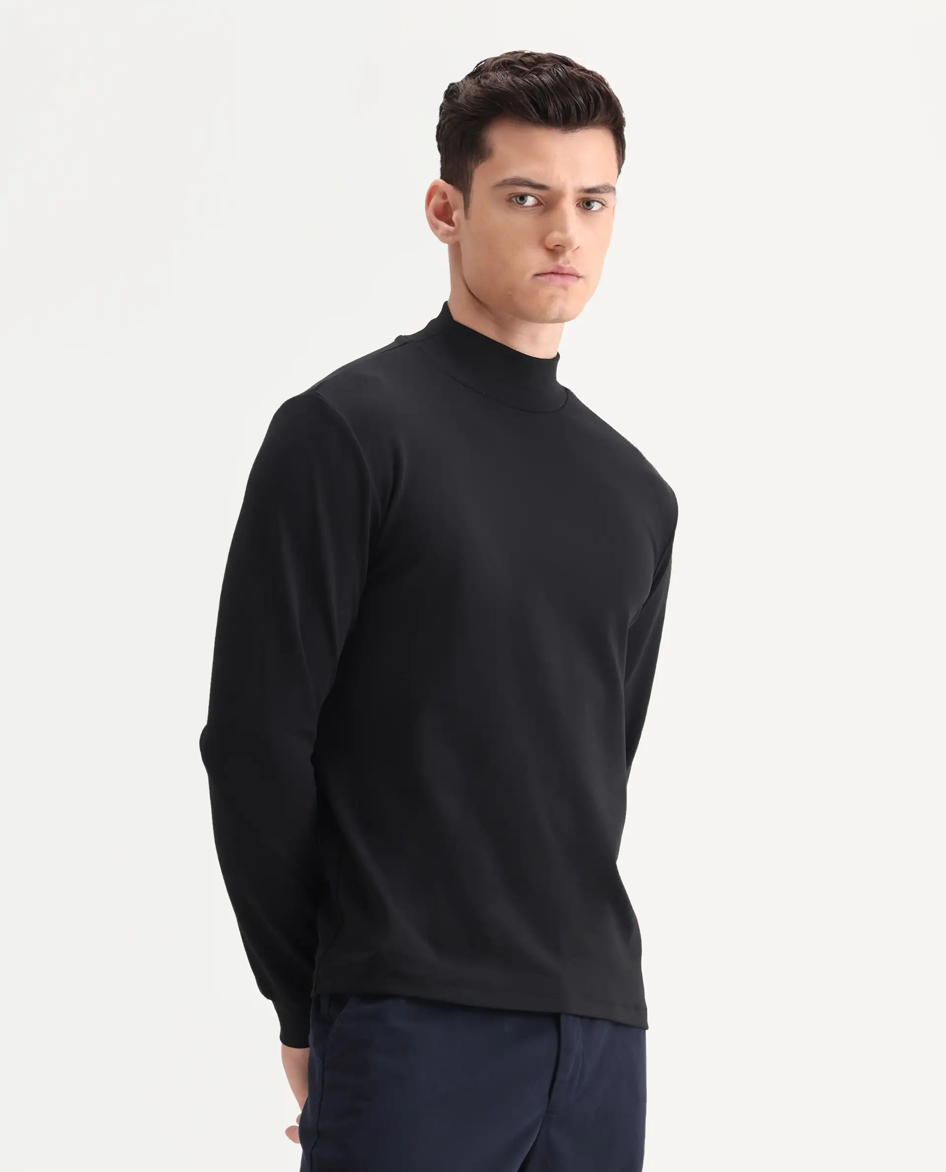 Rare Rabbit Men's Mick Black Cotton Blend Plain Regular Fit Full Sleeve Crew Neck T-Shirt - Image 7
