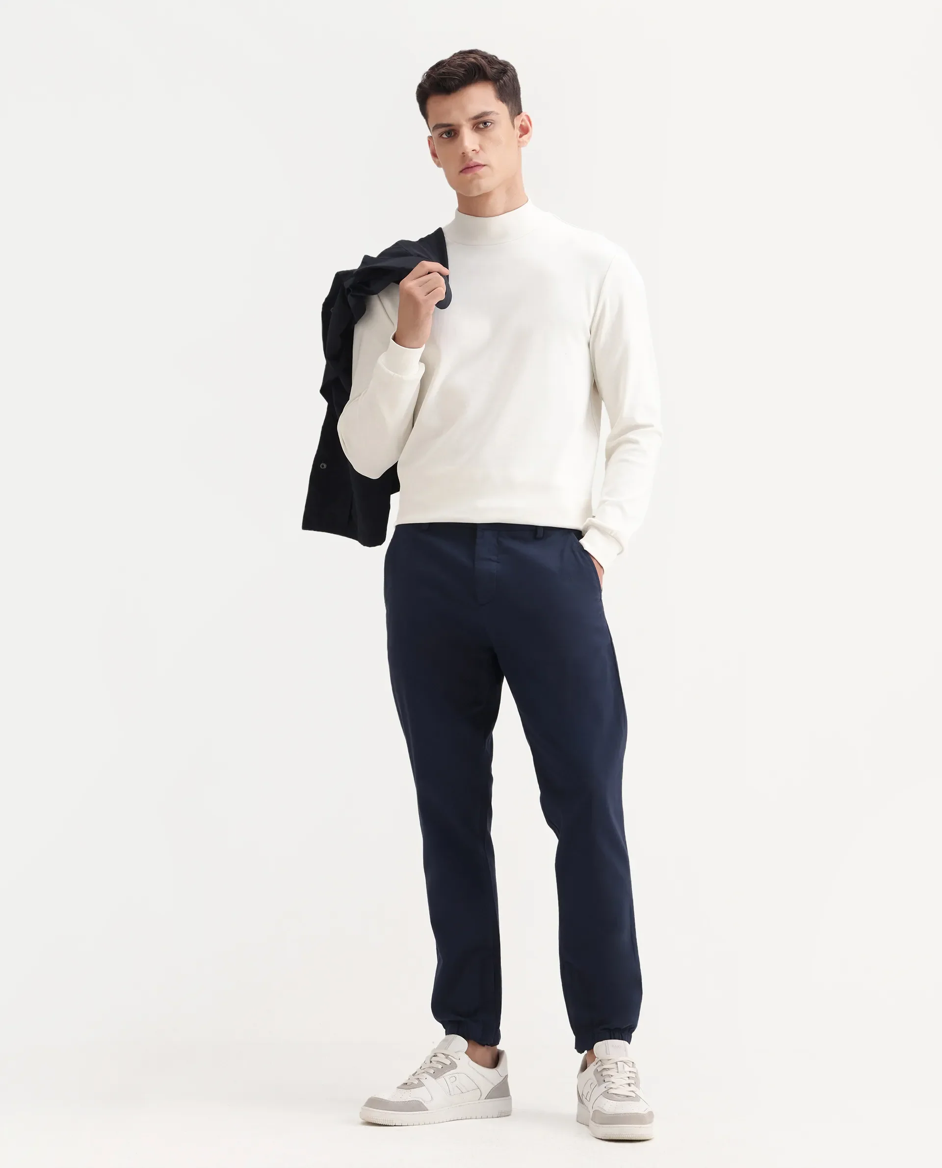 Rare Rabbit Men's Mick Off White Cotton Blend Plain Regular Fit Full Sleeve High Neck T-Shirt - Image 2