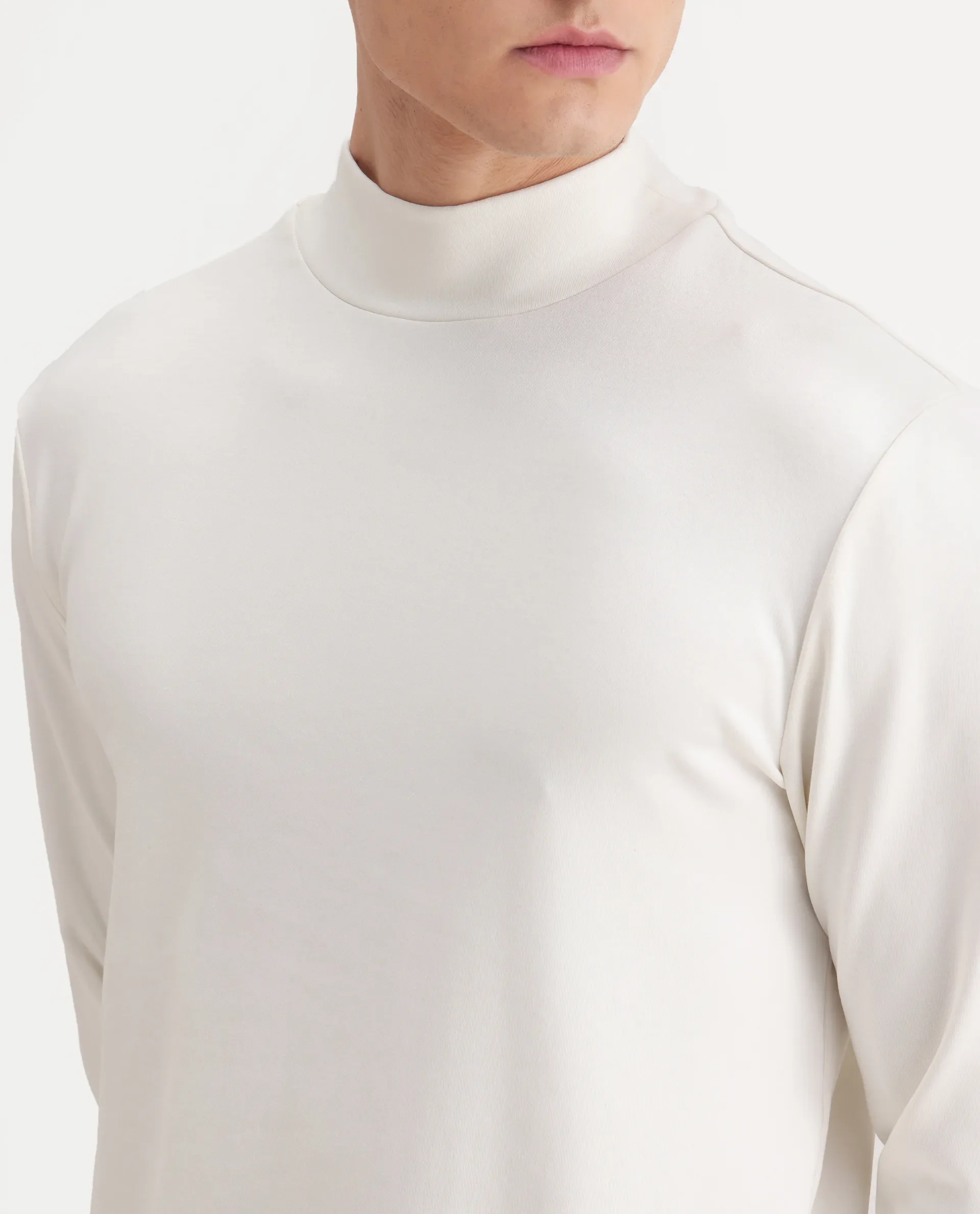 Rare Rabbit Men's Mick Off White Cotton Blend Plain Regular Fit Full Sleeve High Neck T-Shirt - Image 3