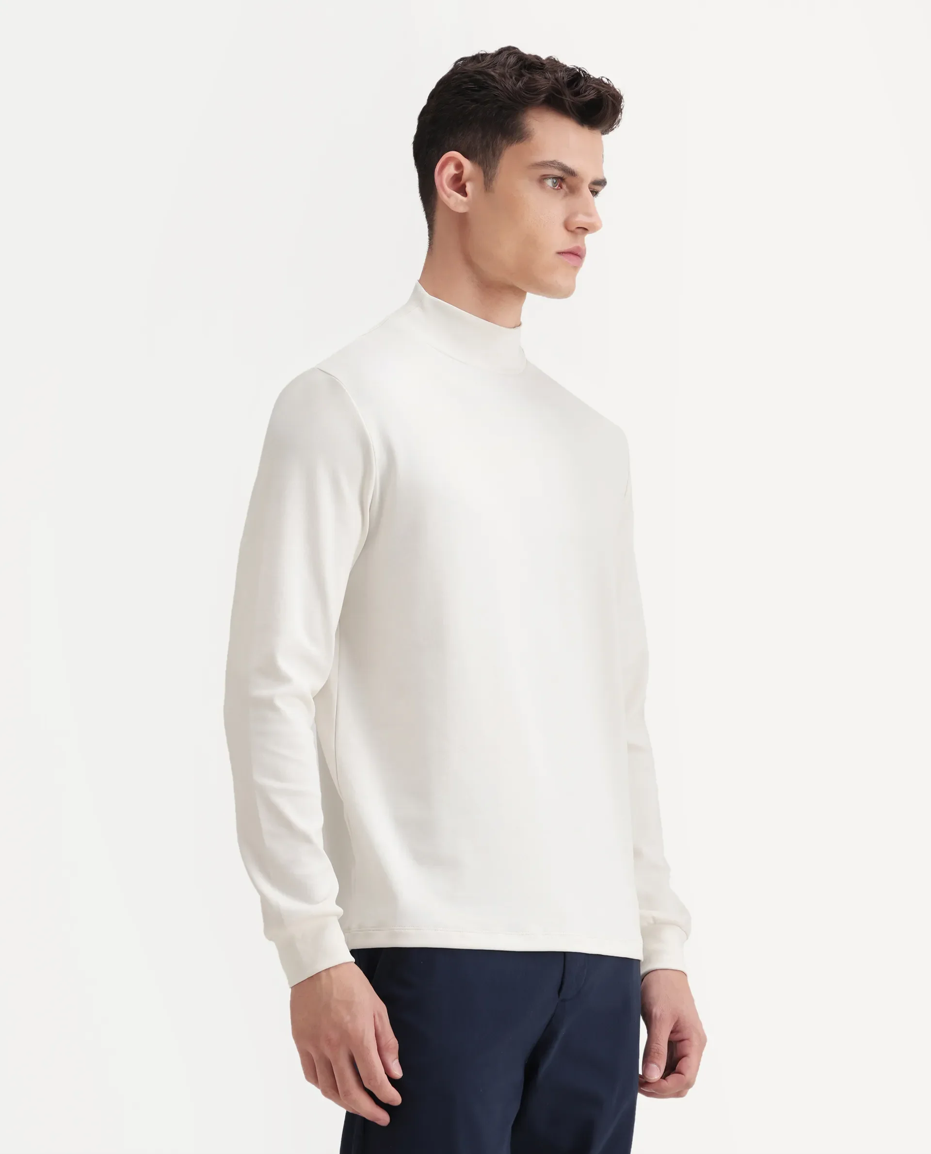 Rare Rabbit Men's Mick Off White Cotton Blend Plain Regular Fit Full Sleeve High Neck T-Shirt - Image 4