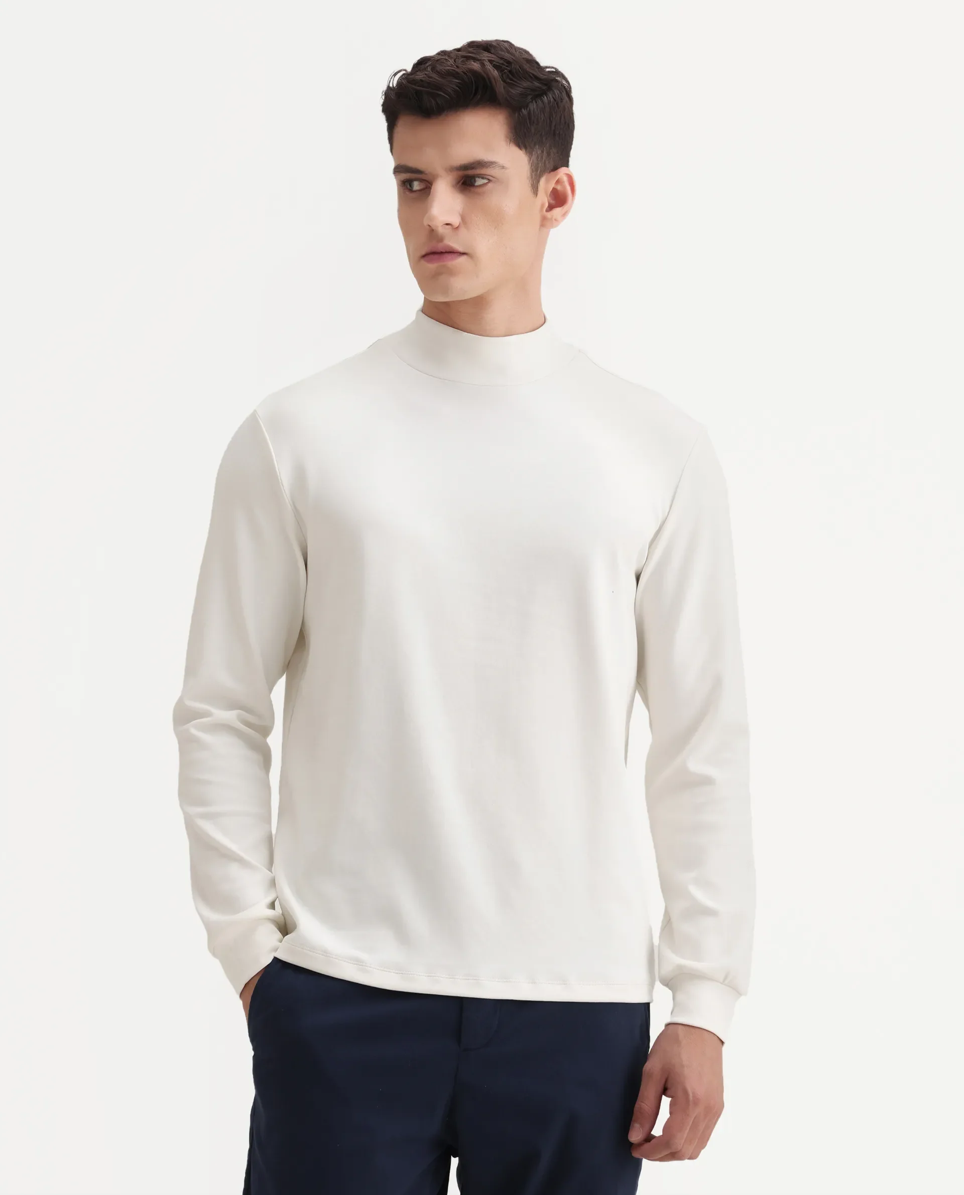 Rare Rabbit Men's Mick Off White Cotton Blend Plain Regular Fit Full Sleeve High Neck T-Shirt - Image 5