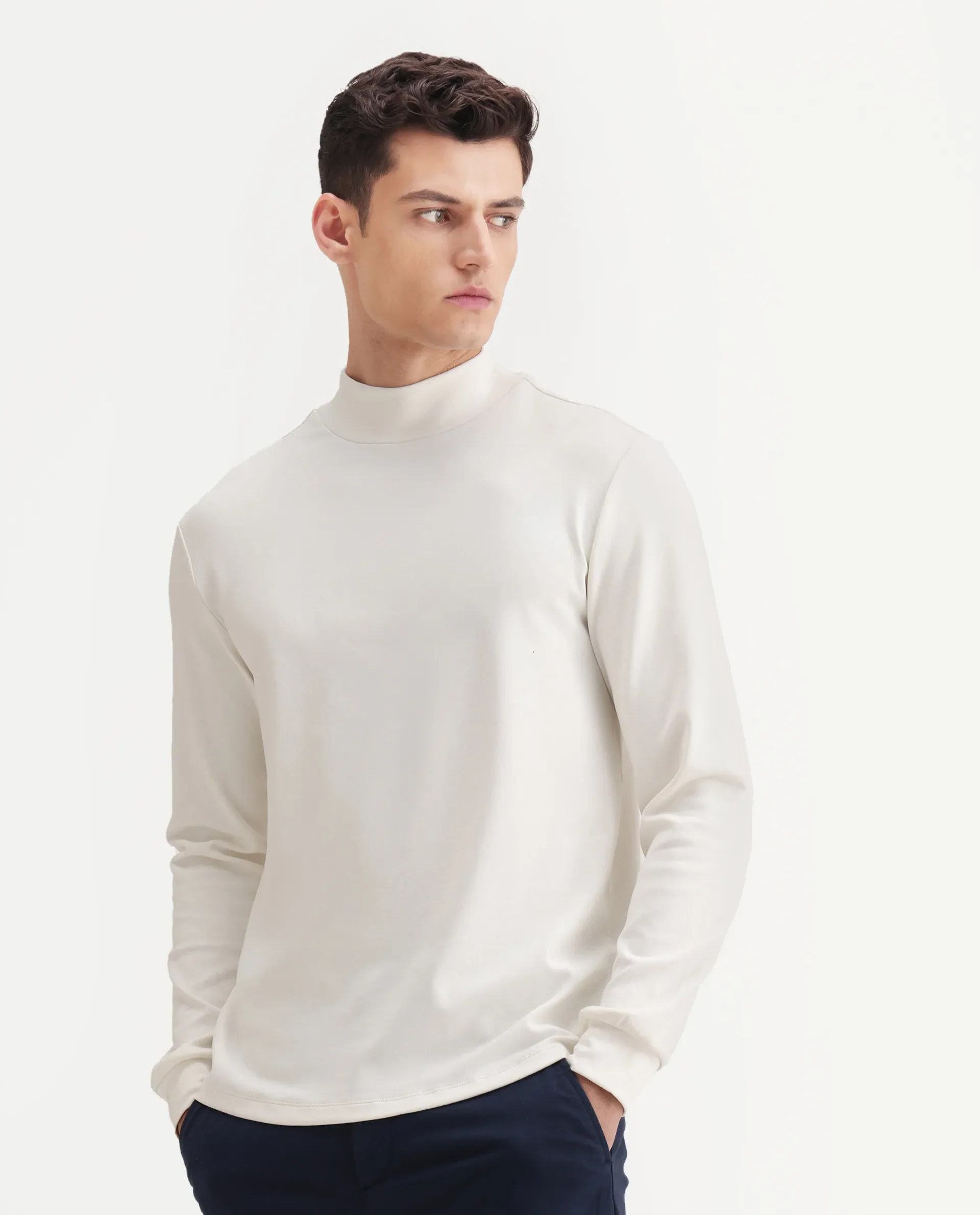 Rare Rabbit Men's Mick Off White Cotton Blend Plain Regular Fit Full Sleeve High Neck T-Shirt - Image 6
