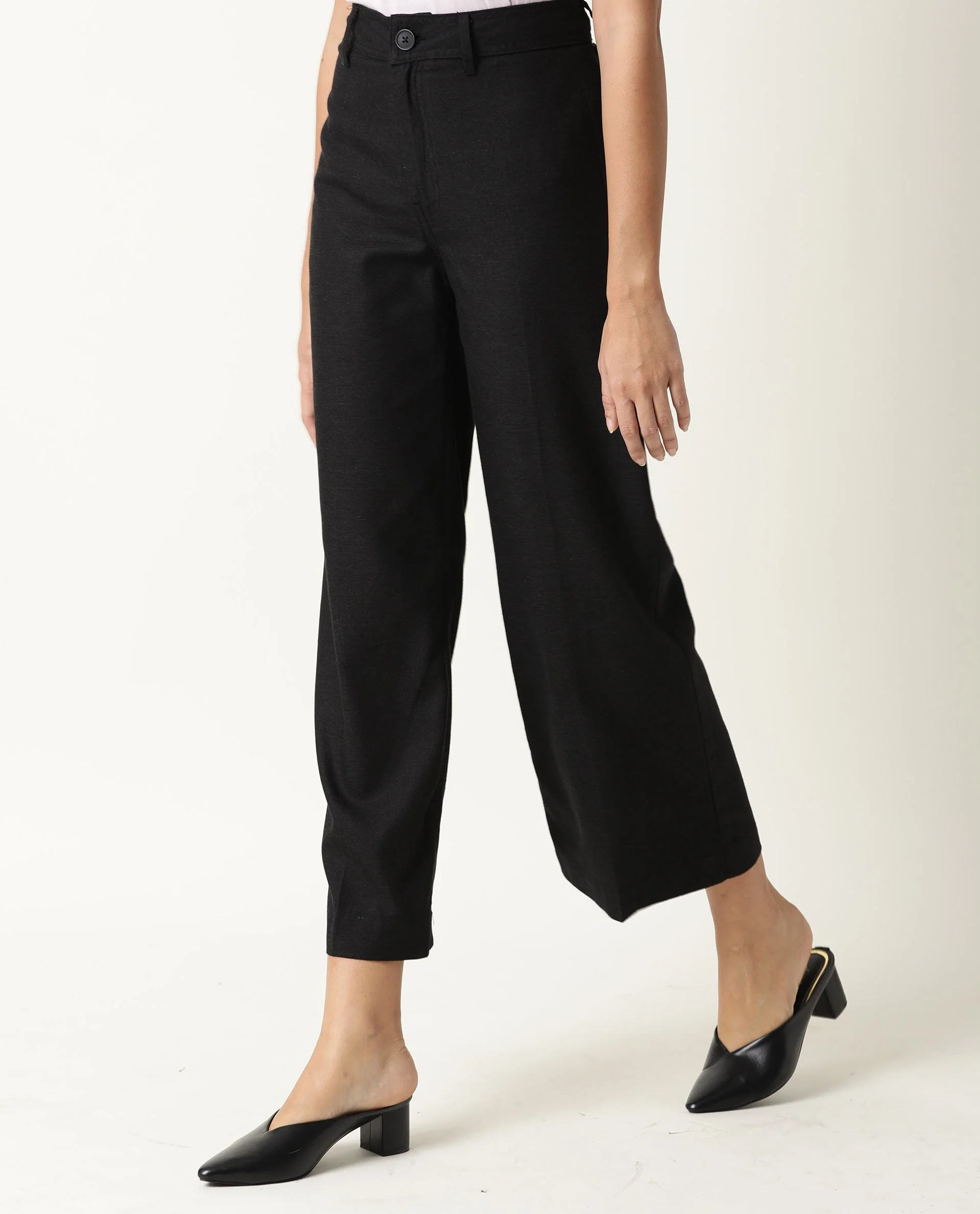 Rareism Women's Micky Black Cotton Blend Plain Ankle Length Tailored Trouser - Image 4