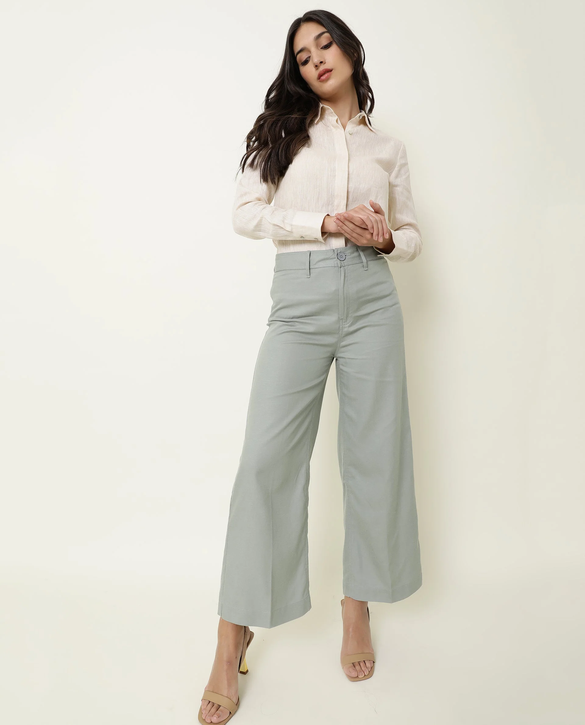 Rareism Women's Micky Green Cotton Blend Plain Ankle Length Tailored Trouser