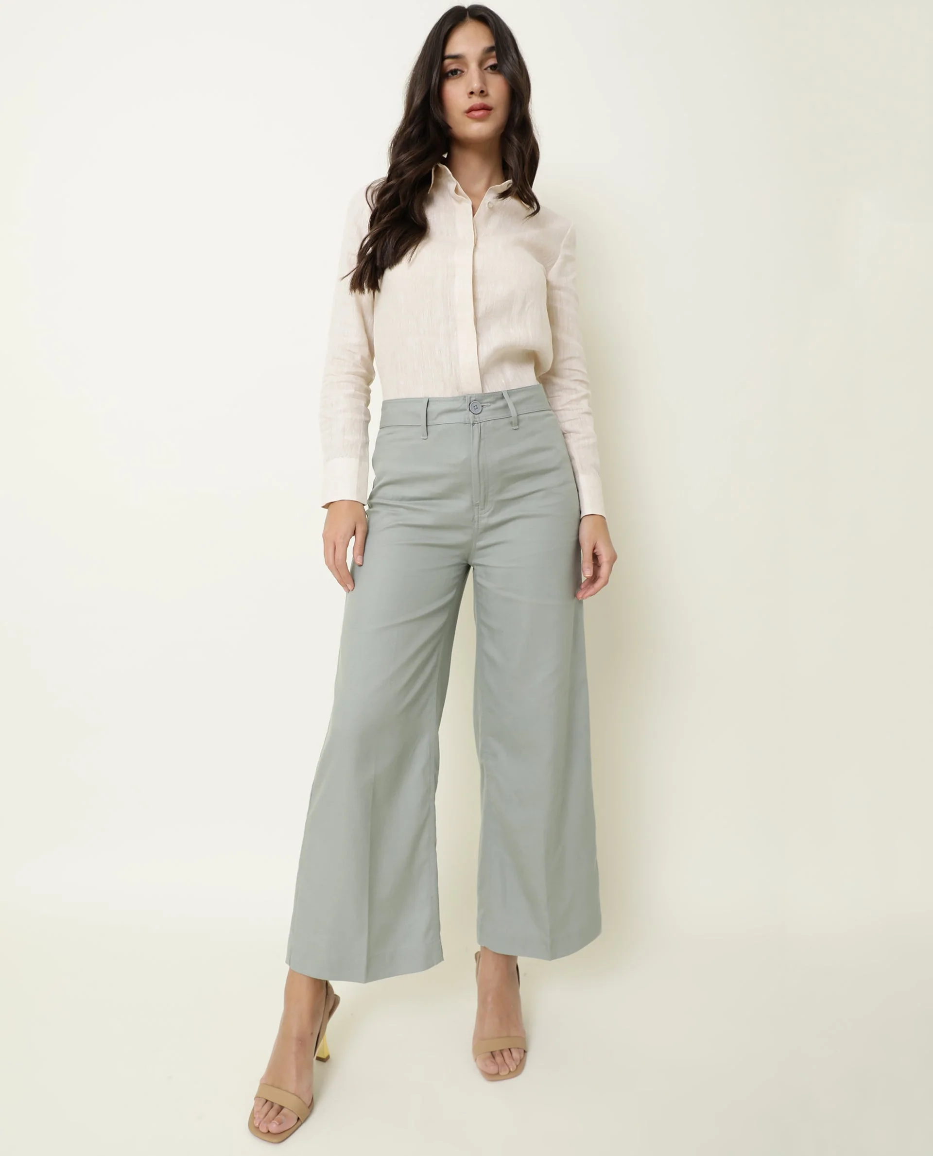 Rareism Women's Micky Green Cotton Blend Plain Ankle Length Tailored Trouser - Image 2